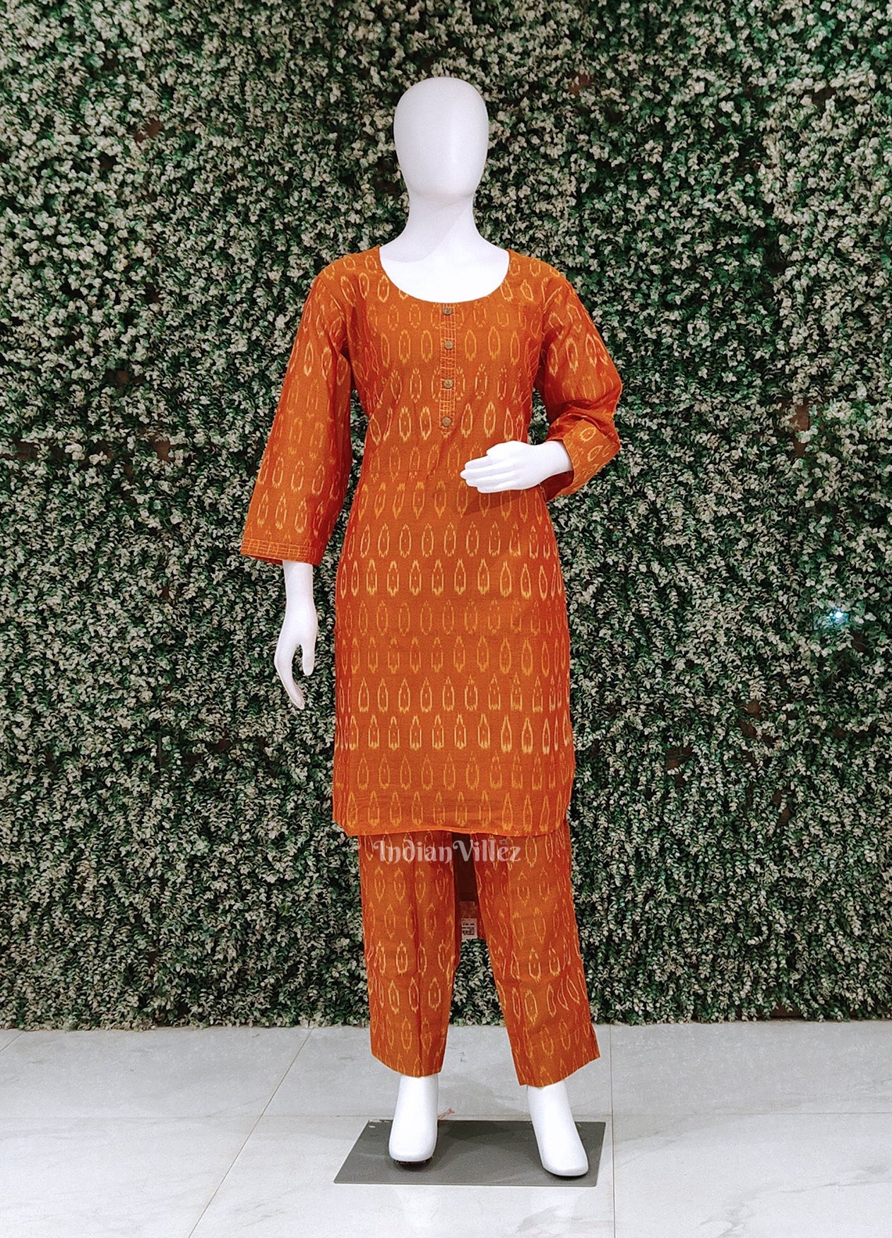 IndianVillèz Orange Pochampally Designer Cotton Kurti Set with Pallazo (Co-Ords Set)