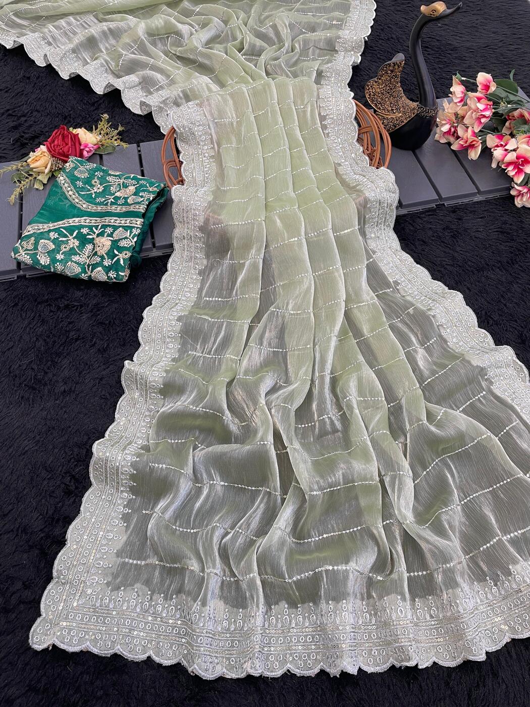 Shubh Sophisticated Pista Embroidery Work Organza Silk Saree With Magnificat Blouse Piece