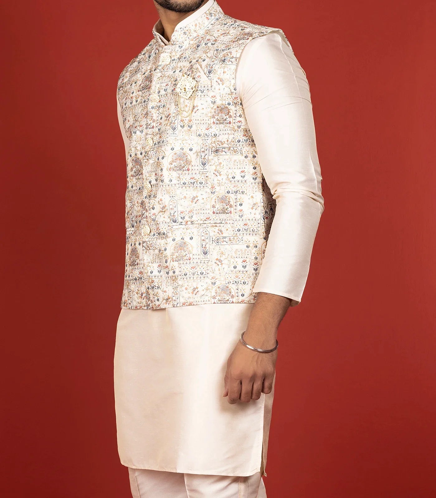 RmKV Cream Three Piece Kurta Set With Straight Fit Pants And Nehru Jacket-Cream - view 3