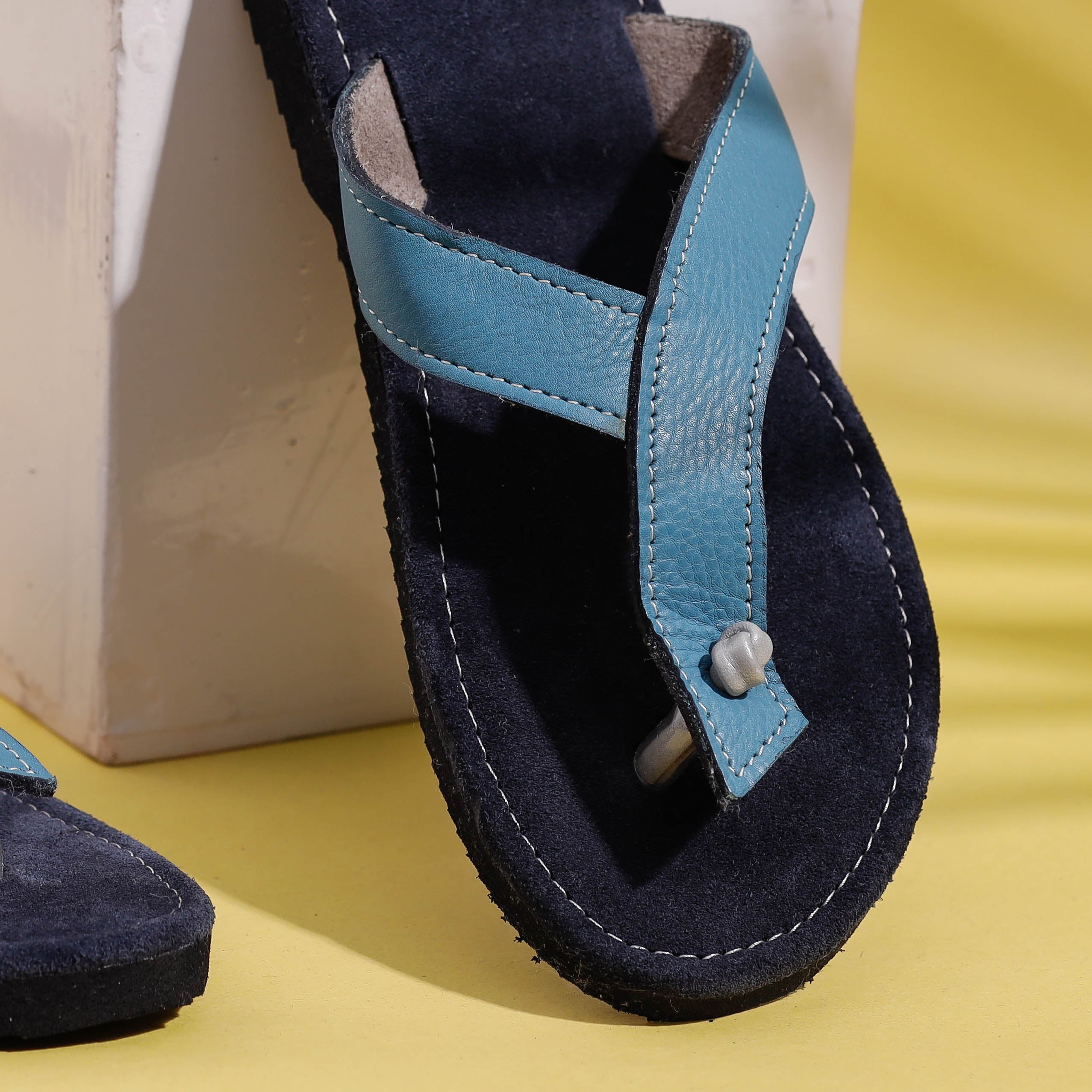AASAI HANDICRAFT FOOTWEAR AUROVILLE Blue & Grey Handcrafted Women's Leather Slippers with Suede - view 2