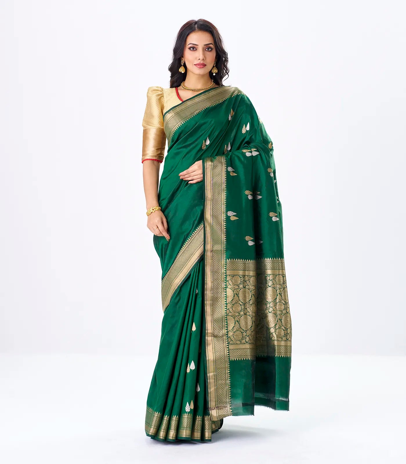 RmKV Dark Green Handloom Banarasi Silk Saree With Gold & Silver Zari Buttas
