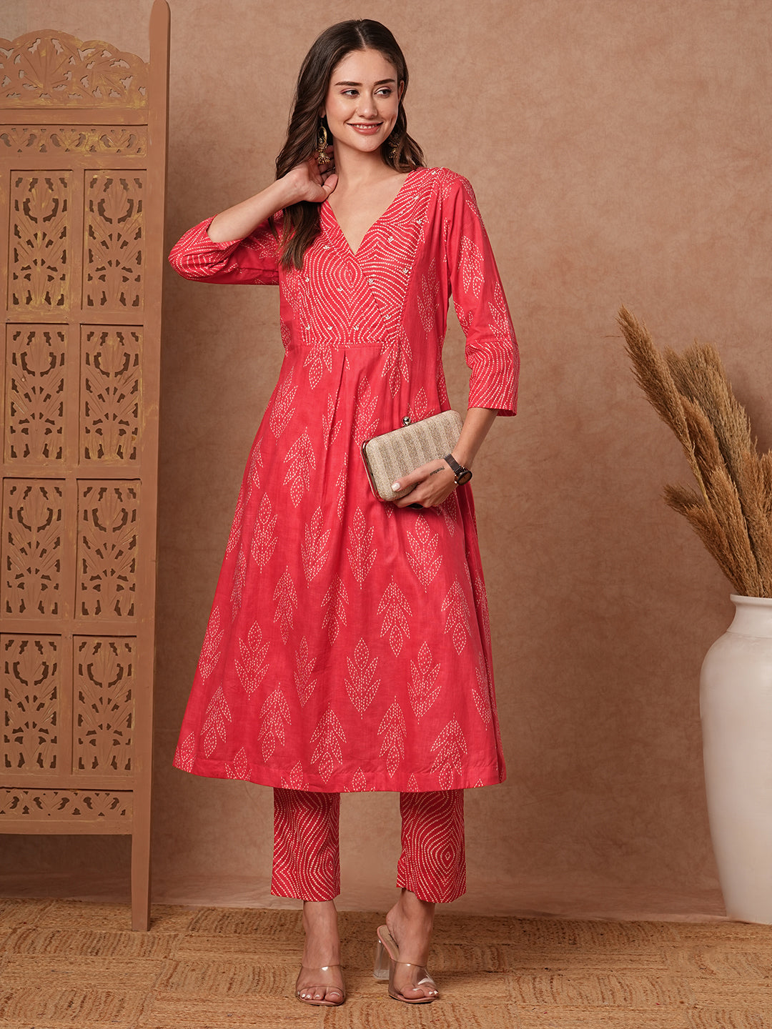 Fashor Ethnic Printed & Bead Embroidered A-Line Kurta with Pant - Peach - view 3