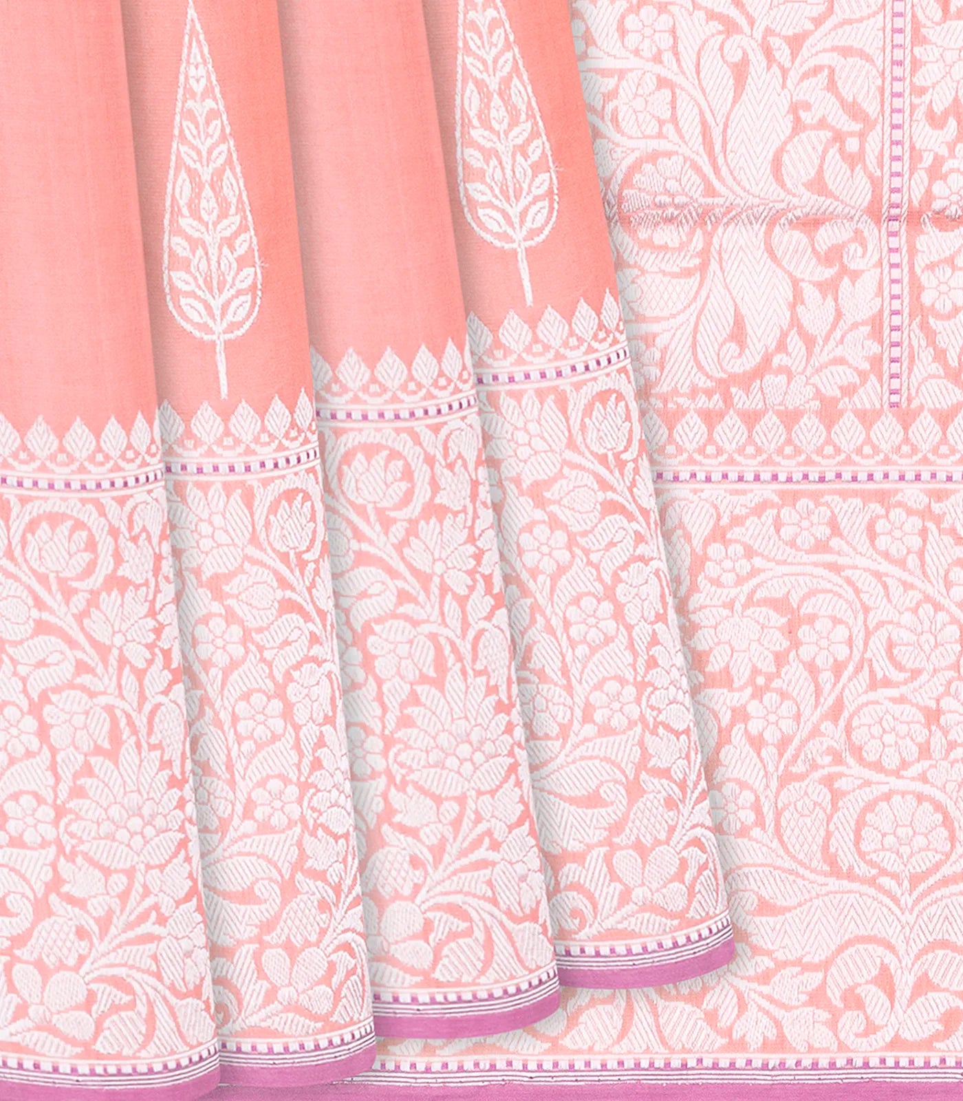 RmKV Peach Handloom Banarasi Silk Saree With Floral Buttas-Peach