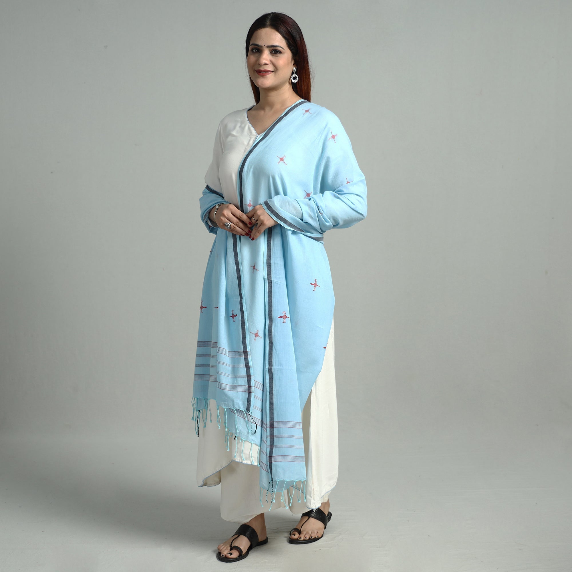 KHUSHBASH - HAPPY LOOM OF EAST Blue - Bengal Jamdani Buti Handloom Cotton Dupatta 14 - view 2