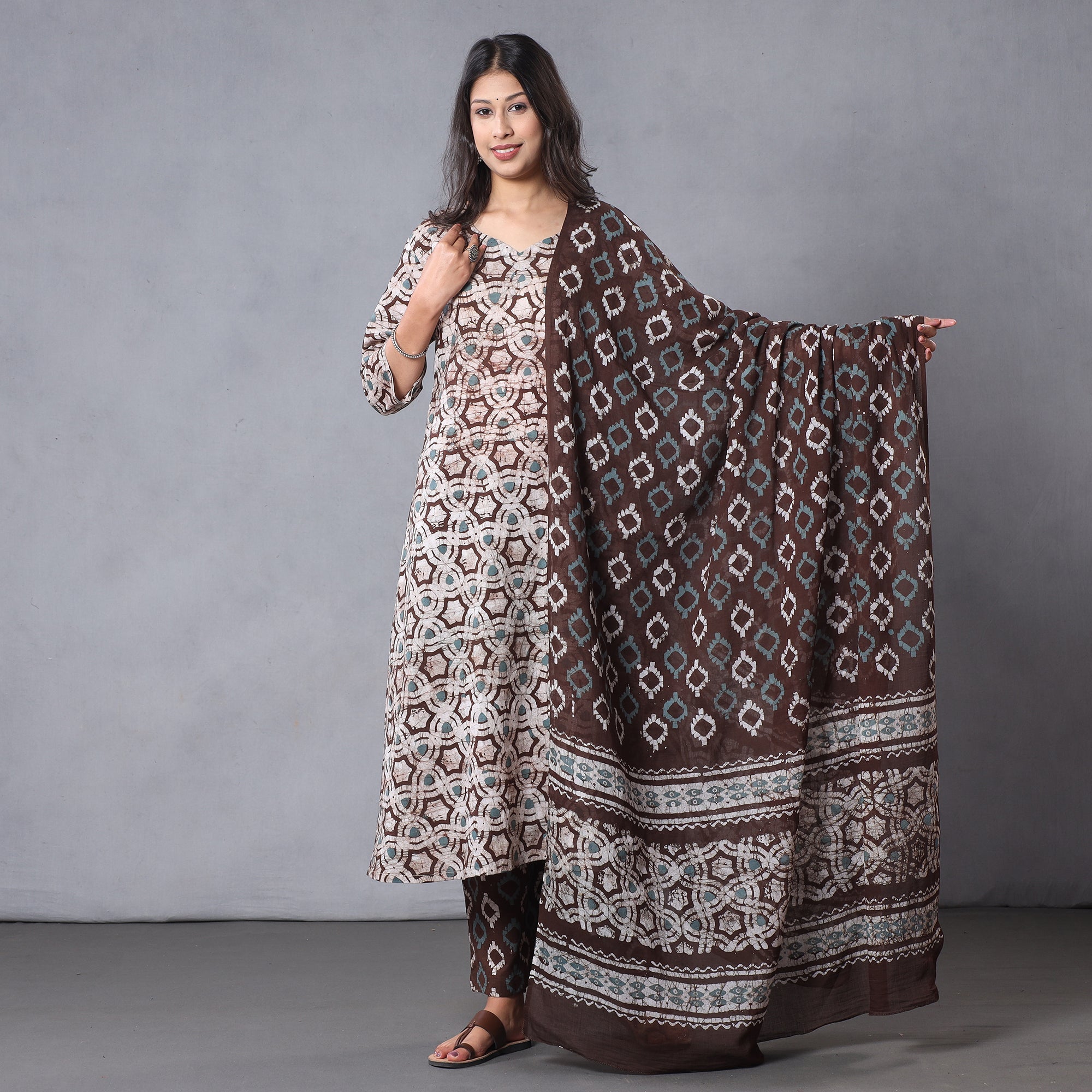 ITOKRI CASUALS Brown - - Hand Batik Printing Cotton Kurta with Palazzo & Dupatta Set