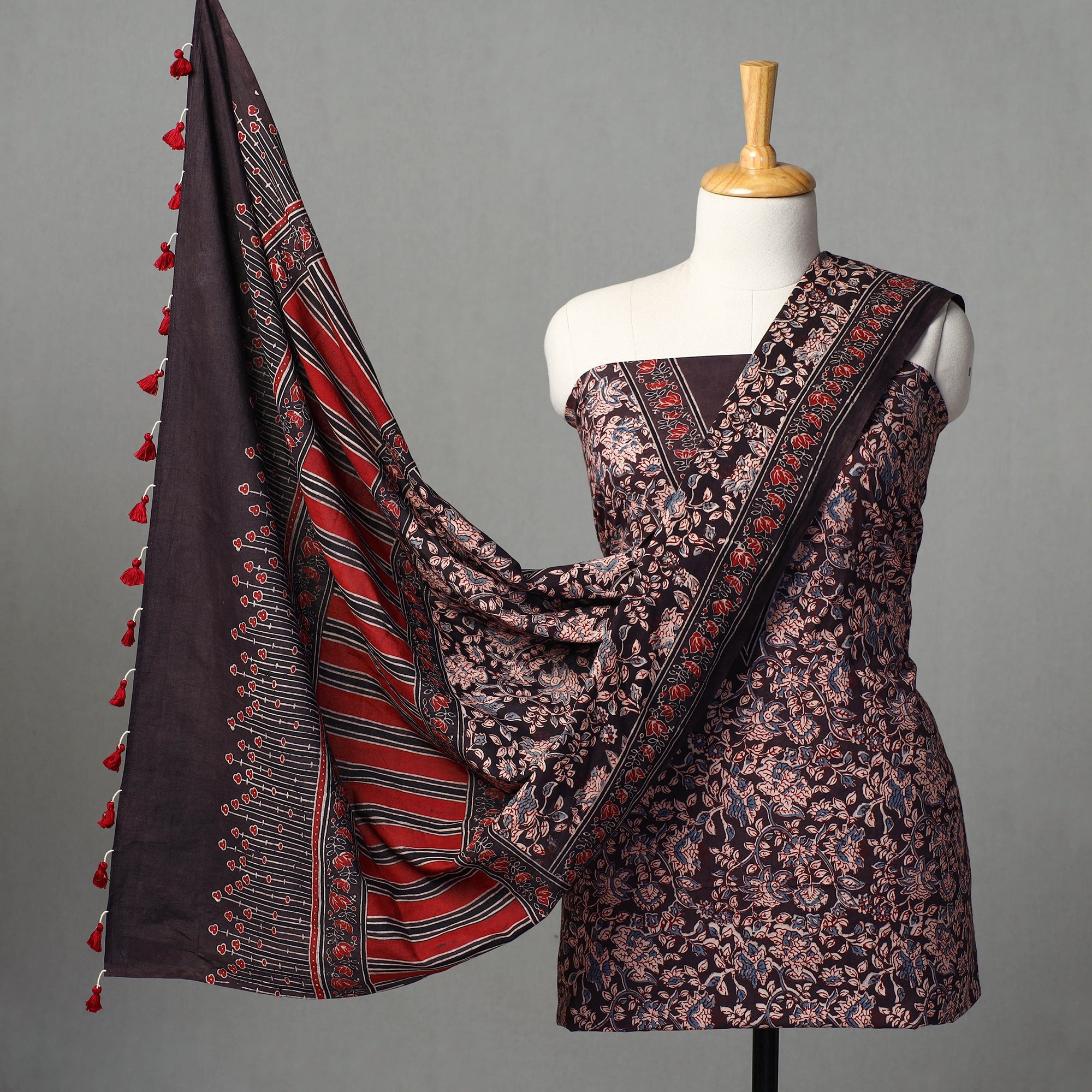 AJRAKH BY JABBAR KHATRI Brown - Kutch Block Print Cotton 3pc Ajrakh Dress Material 09