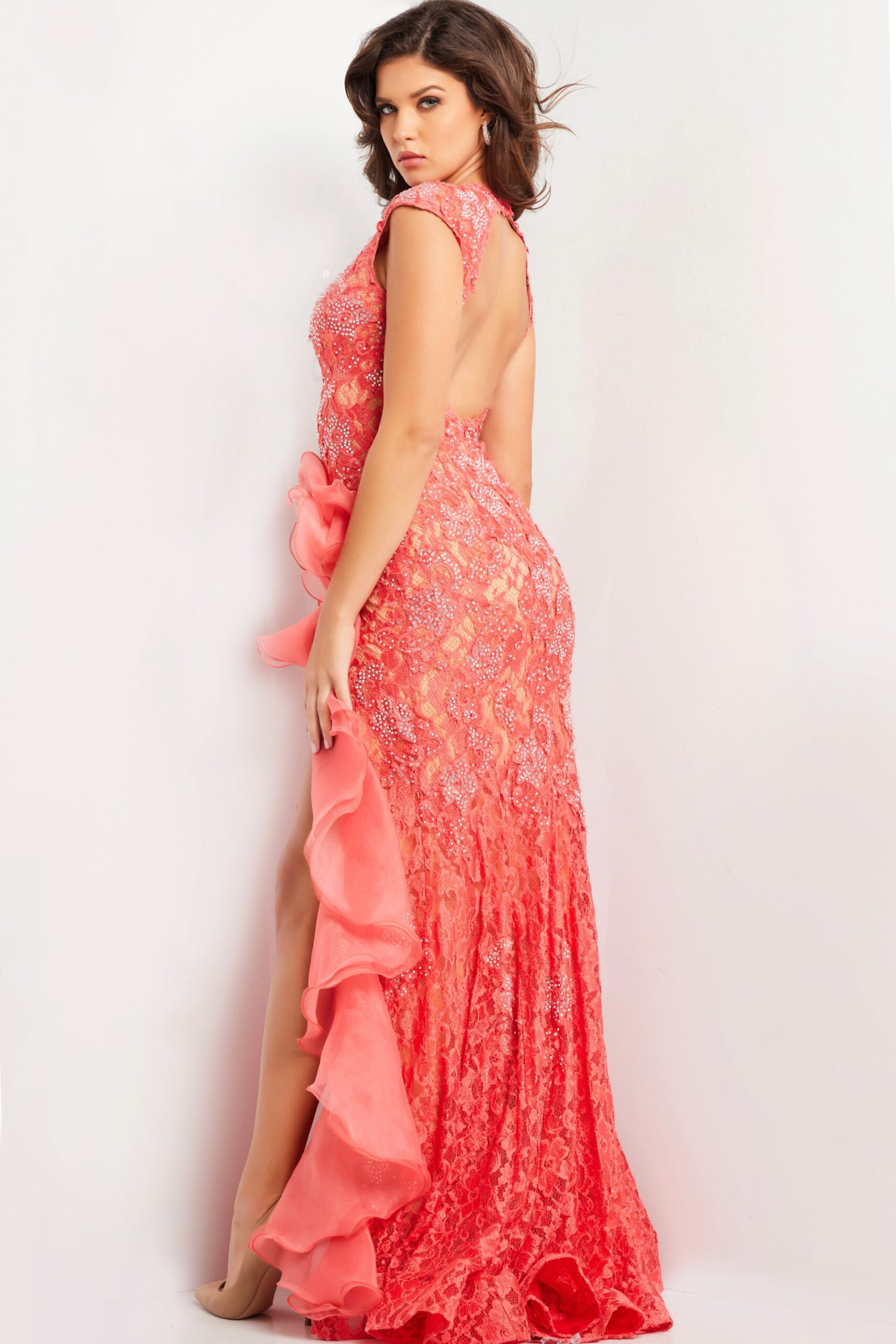Lace Sleeveless Ruffled Slit Gown by Jovani 38668 - view 2