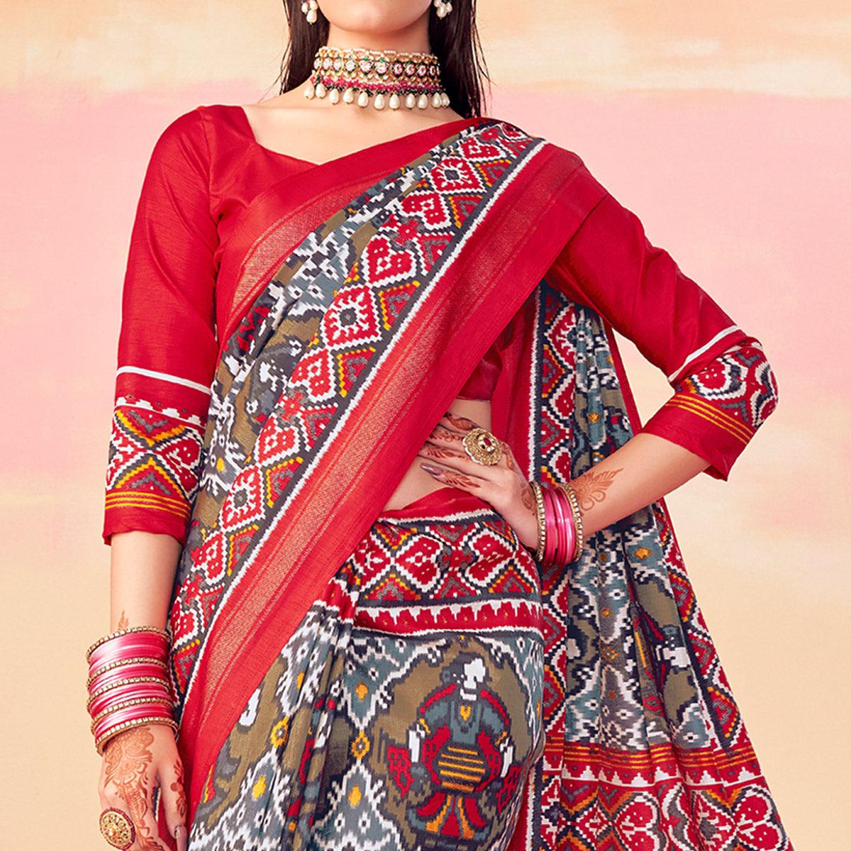 Peachmode Grey-Red Patola Printed Art Silk Saree With Tassels - view 2