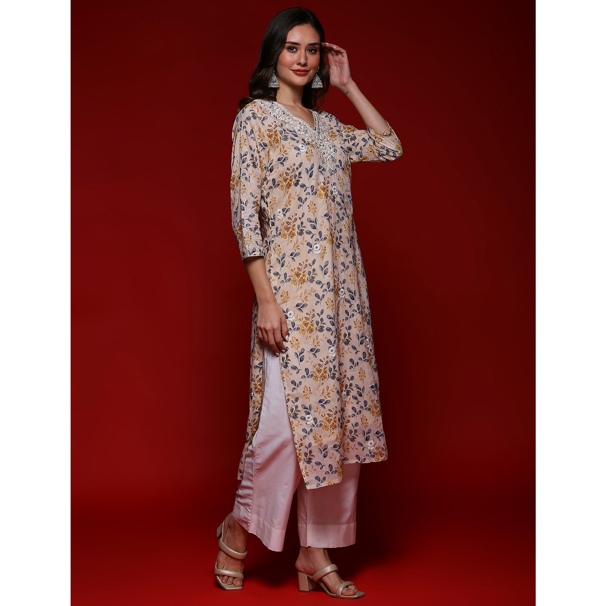 Peachmode Chikoo Floral Printed Mulmul Cotton Straight Kurti - view 6