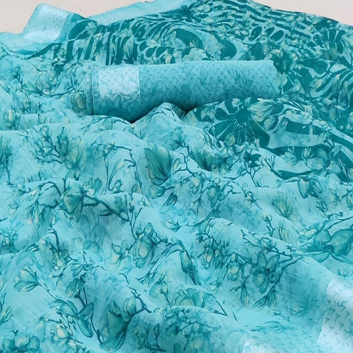 Peachmode Light Blue Casual Wear Printed Linen Cotton Saree - view 3