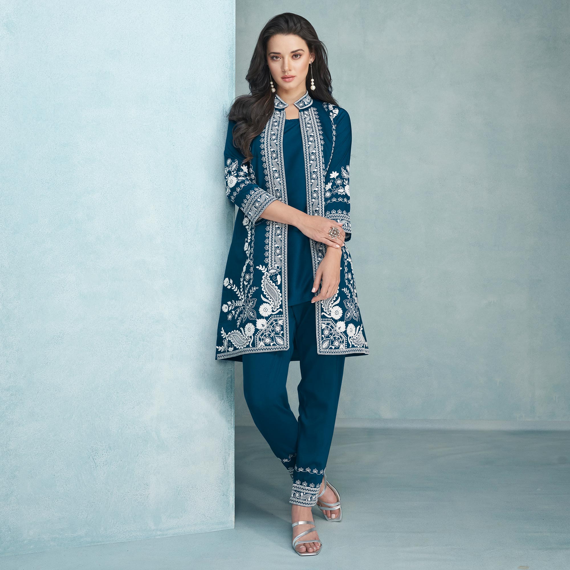 Peachmode Morpich Floral Embroidered Rayon Kurti Jacket Co Ord Set - view 2