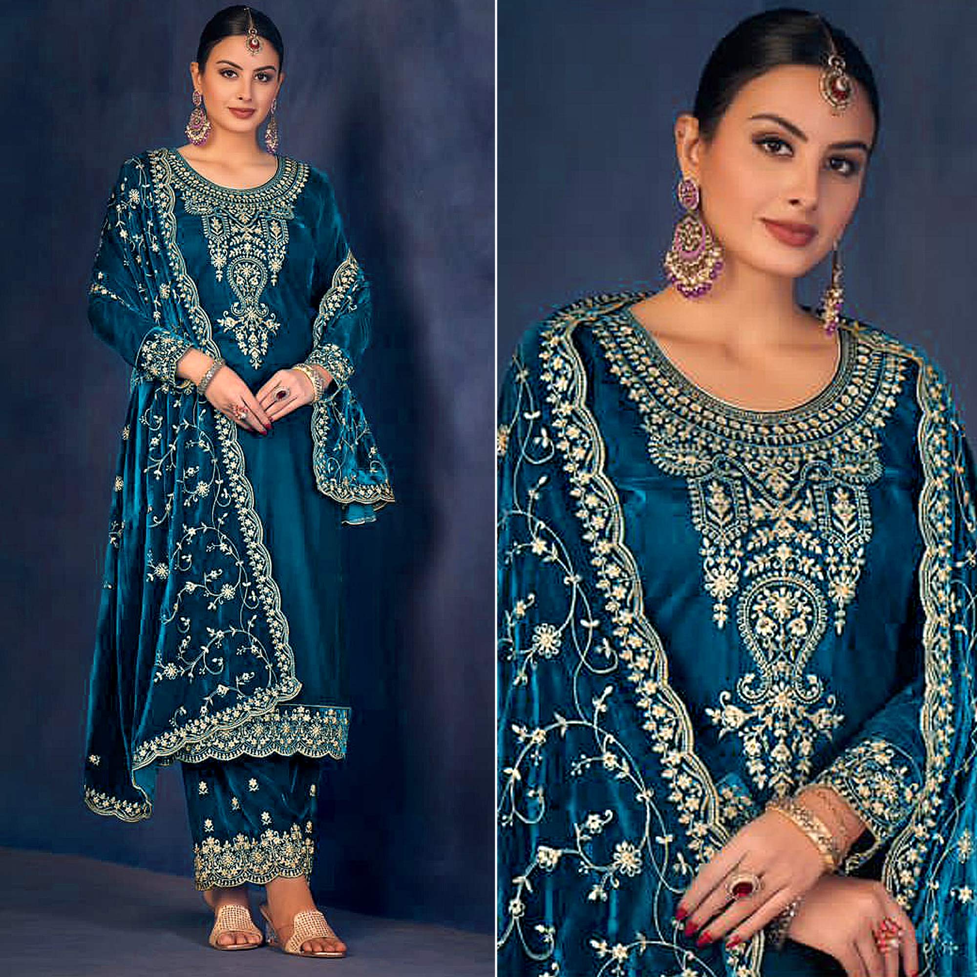 Peachmode Morpich Floral Sequins Embroidered Velvet Semi Stitched Suit