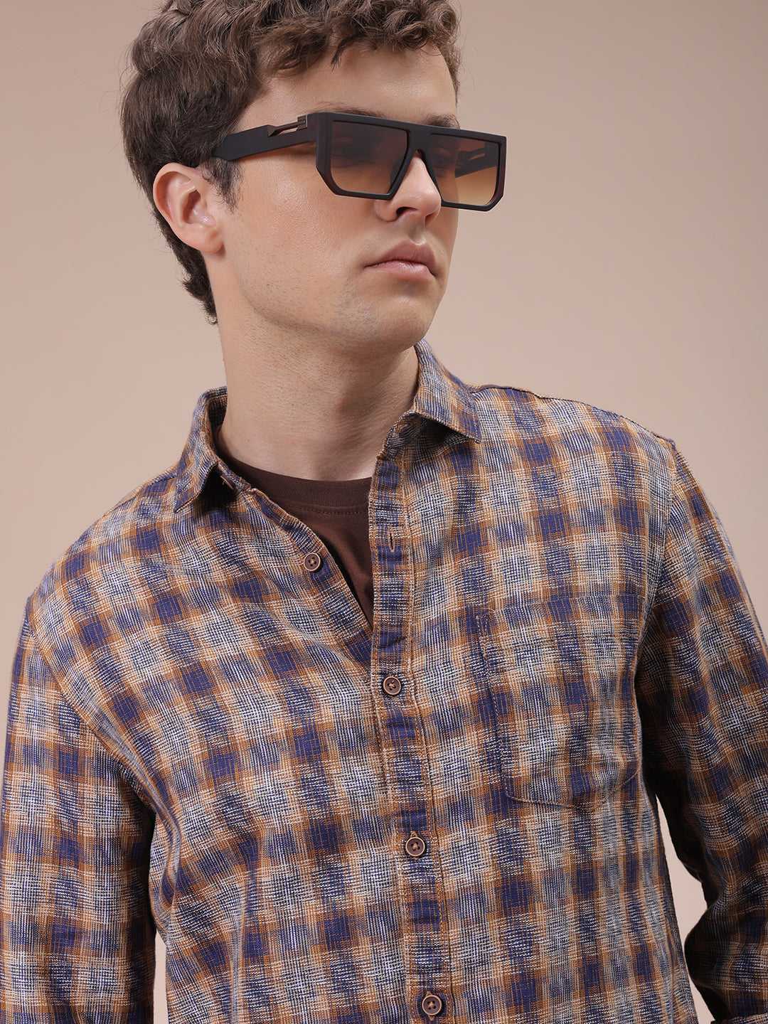 The Indian Garage Co Men's Brown Slim Fit Checked Shirt