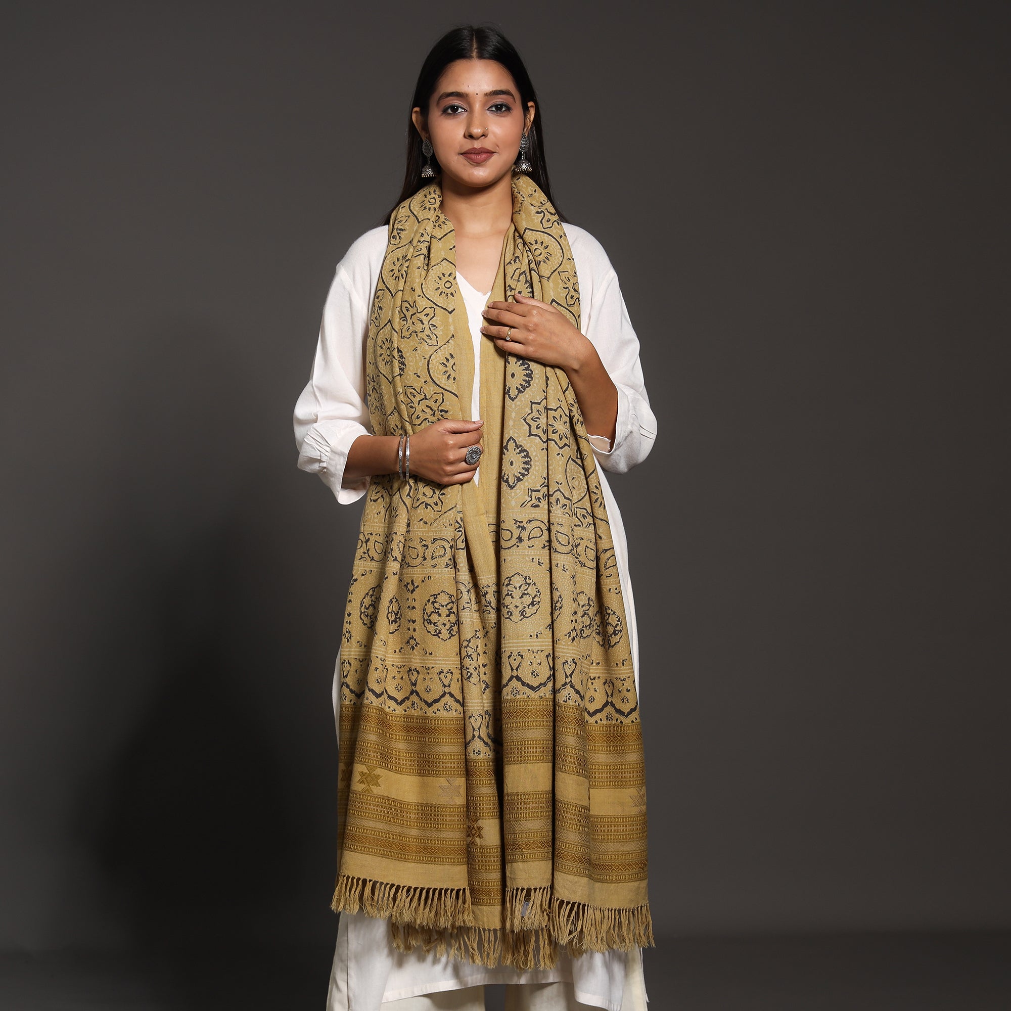 VANKAR BHIMJI KANJI Brown - Kutch Traditional Ajrakh Block Printed Handwoven Pure Wool Shawl - view 2