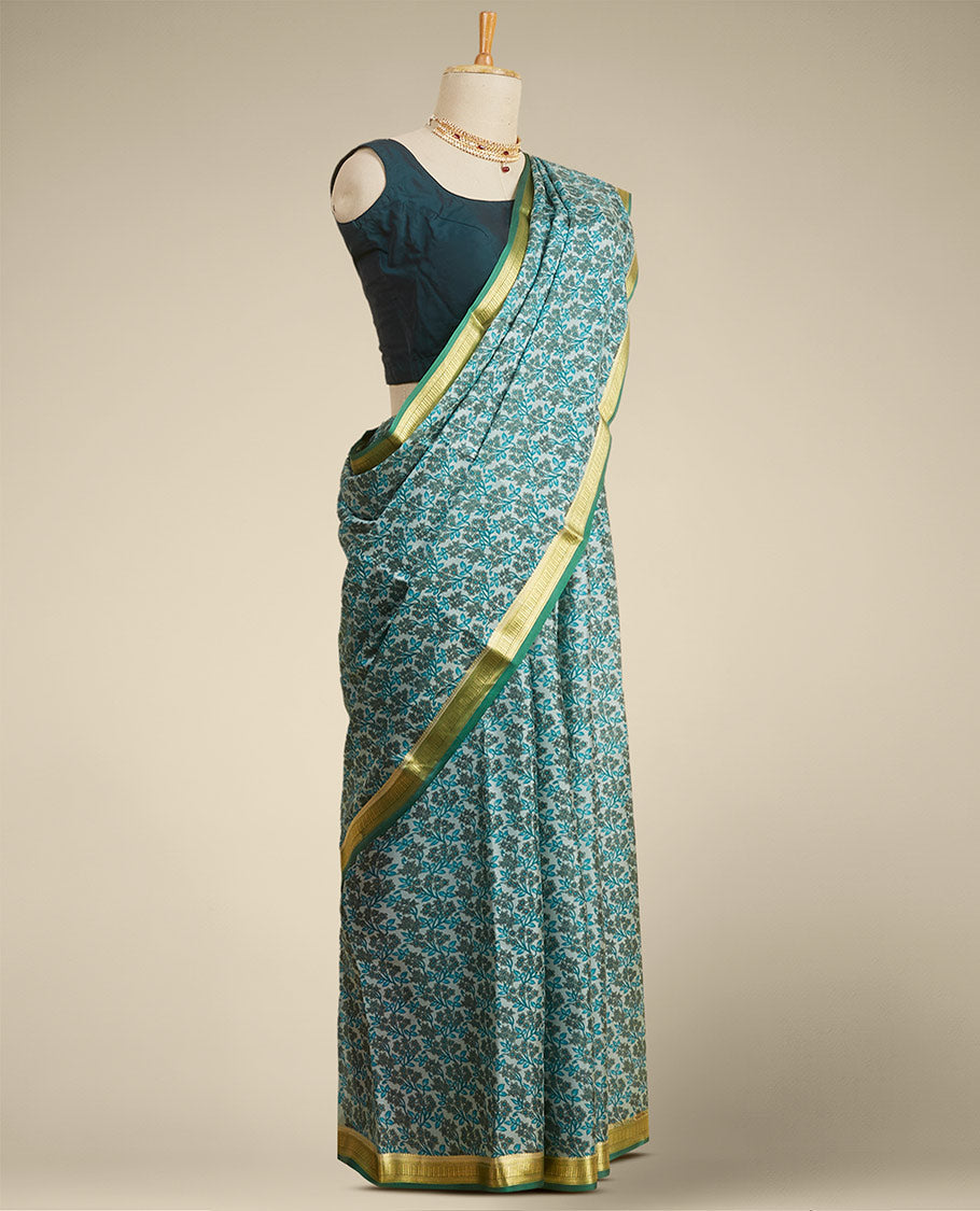 Pothys Green floral printed silk saree with contrast zari border - view 2
