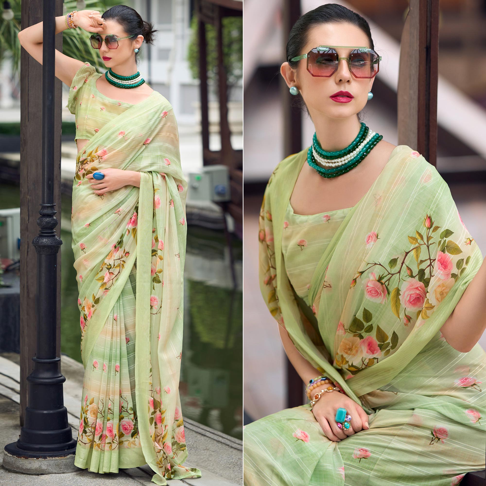 Green sarees – BlackTree green-floral-digital-printed-georgette-saree-20