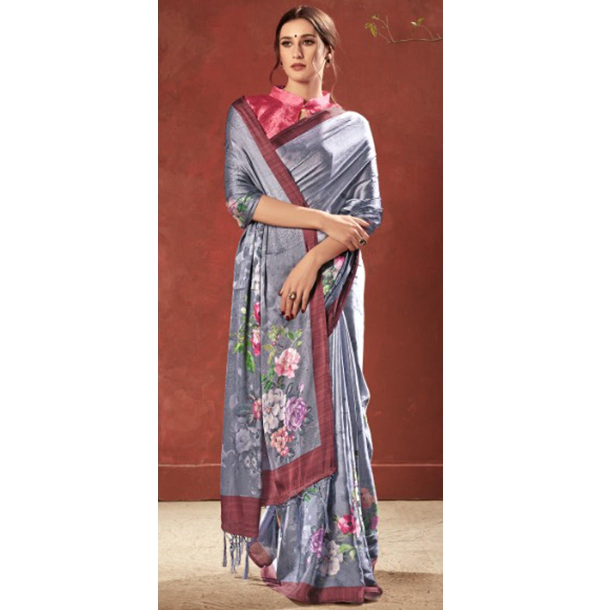 Peachmode Lovely Grey Colored Casual Wear Printed Satin Crepe Saree With Tassels - view 3