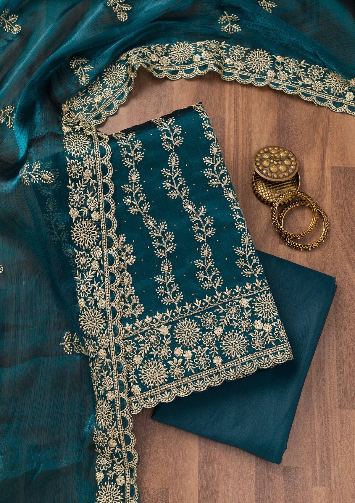 Koskii Peacock Blue Zariwork Semi Crepe Unstitched Salwar Suit