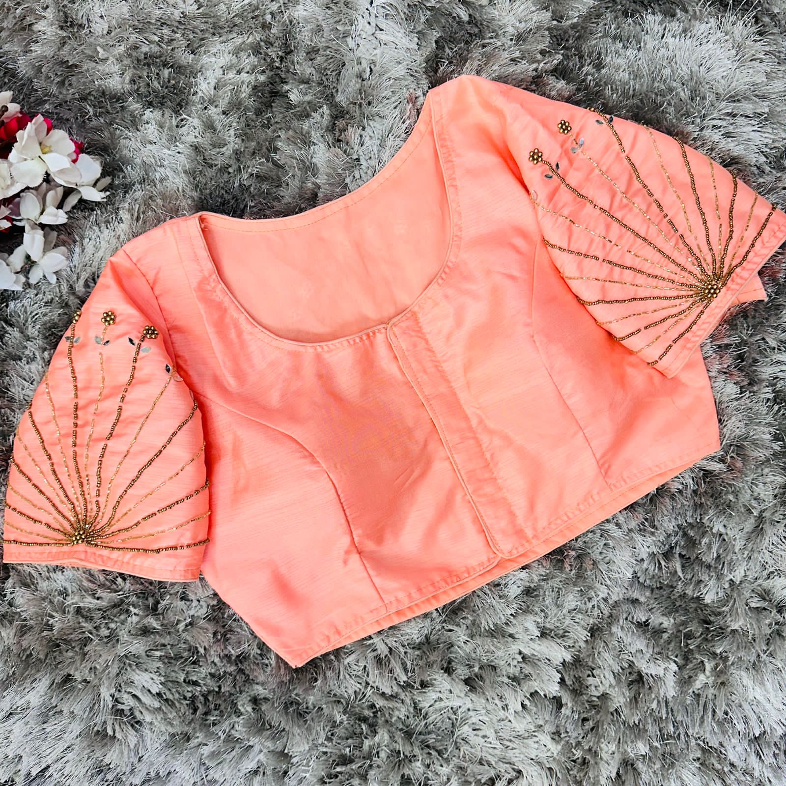 ClothsVilla Orange Handcrafted tumtum silk Golden Blouse with Ambla Mirror Accents - view 2