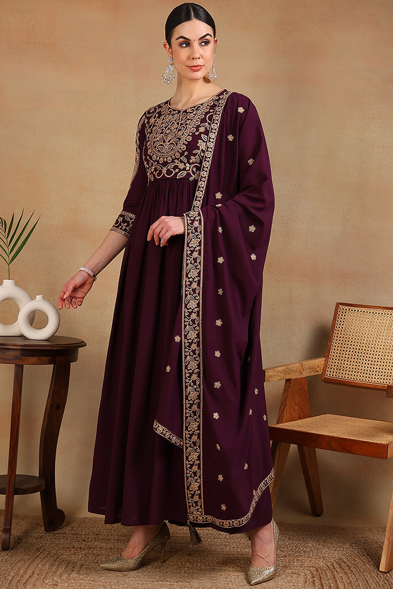 Ahika Maroon Poly Georgette Embroidered Anarkali Kurta Set VKSET1513 - view 3