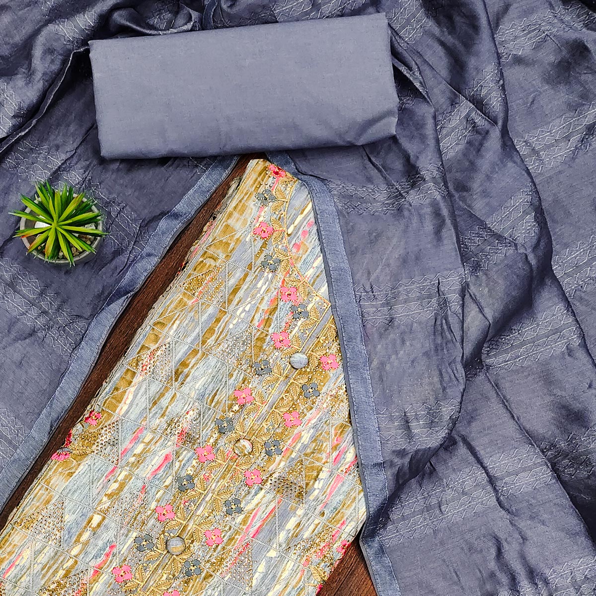 Peachmode Grey Printed With Embroidered Pure Cotton Dress Material - view 2
