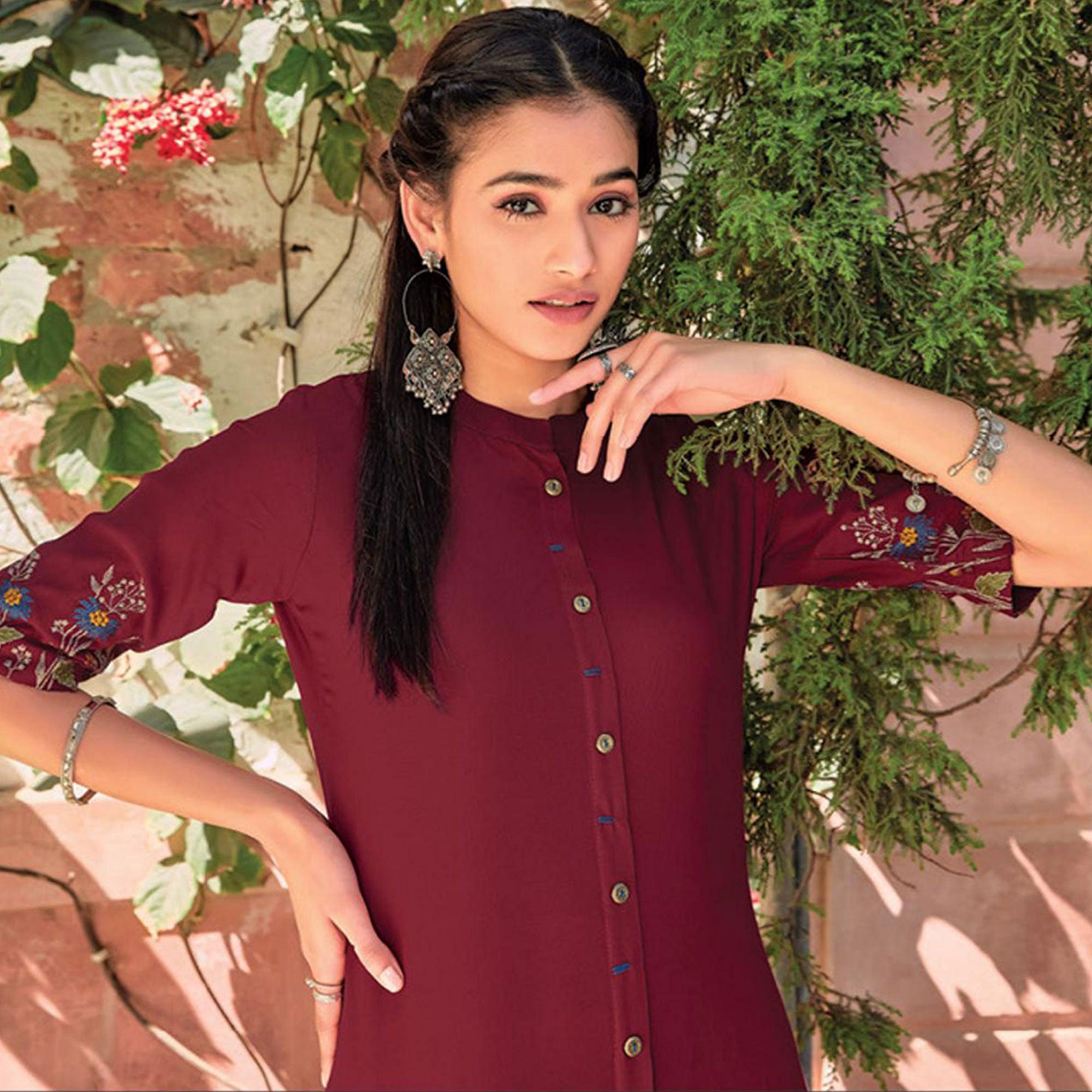 Peachmode Seller Maroon Floral Embroidered Rayon Kurti - view 2