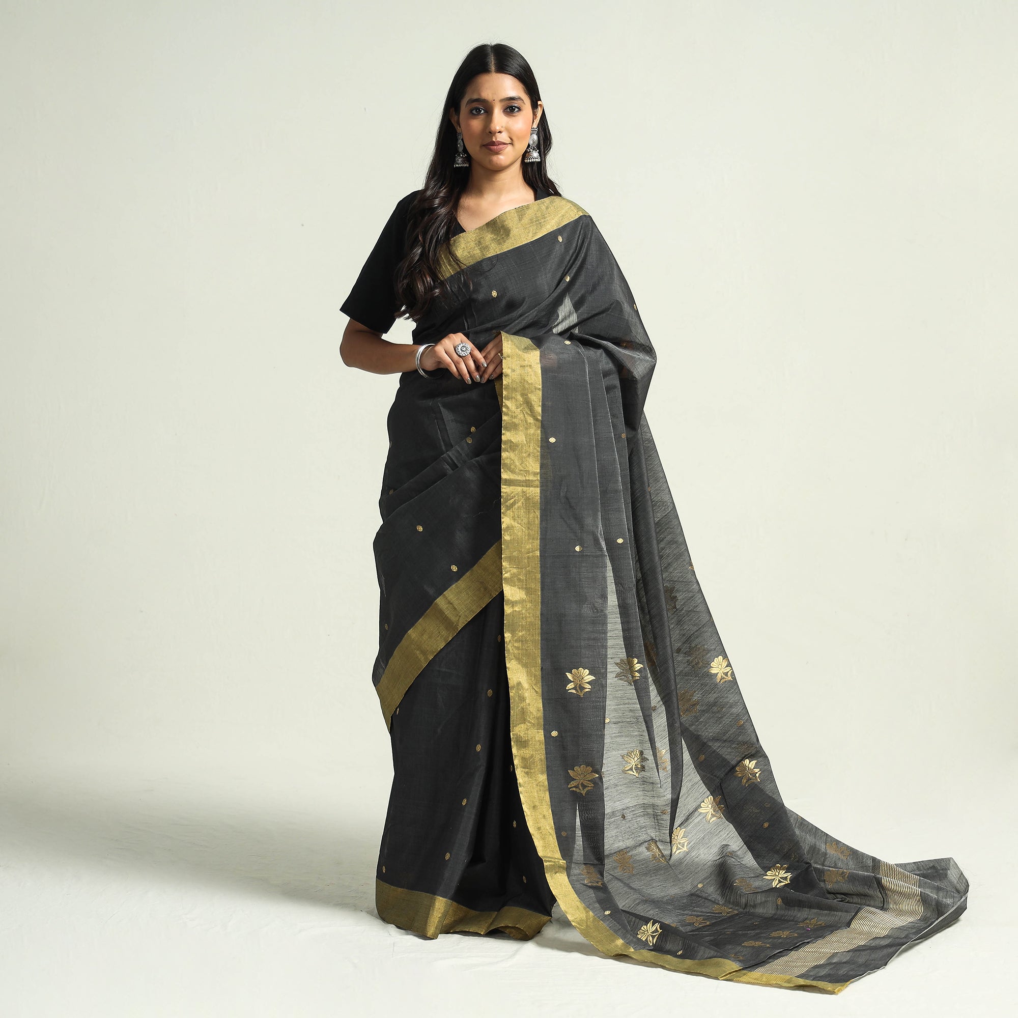 CHANDERI BY RAUPH KHAN Black - Traditional Chanderi Silk Handloom Saree with Zari Border & Buta