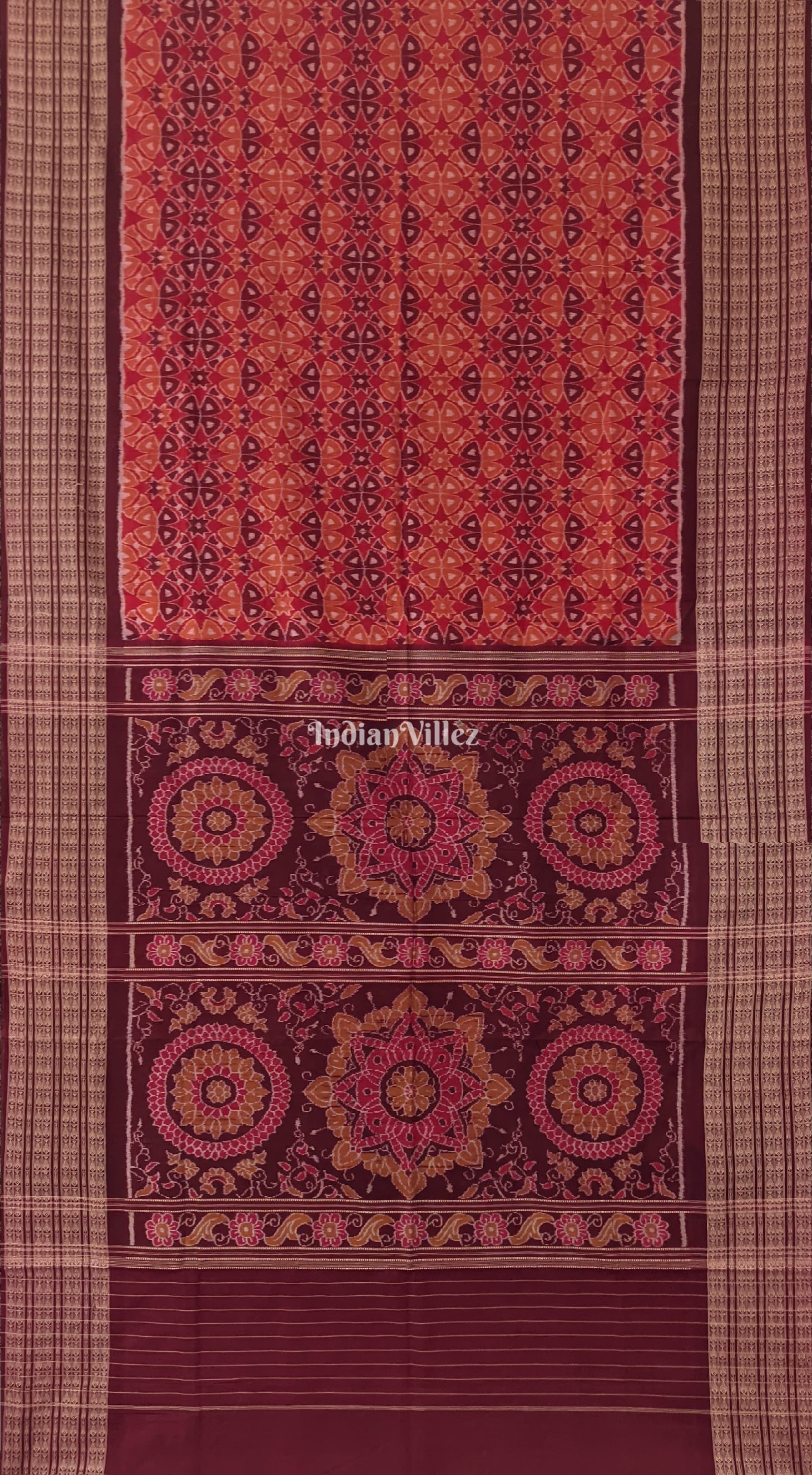 IndianVillèz Brick Red Base Flower Design Sambalpuri Pure Cotton Saree