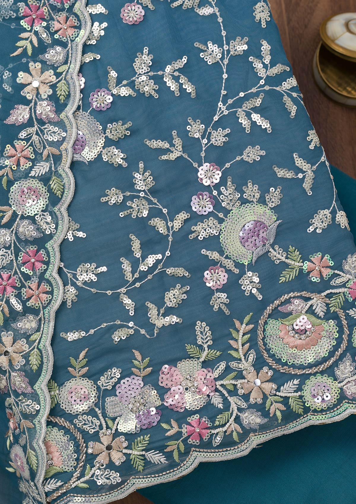 Koskii Peacock Blue Threadwork Tissue Unstitched Salwar Suit - view 2