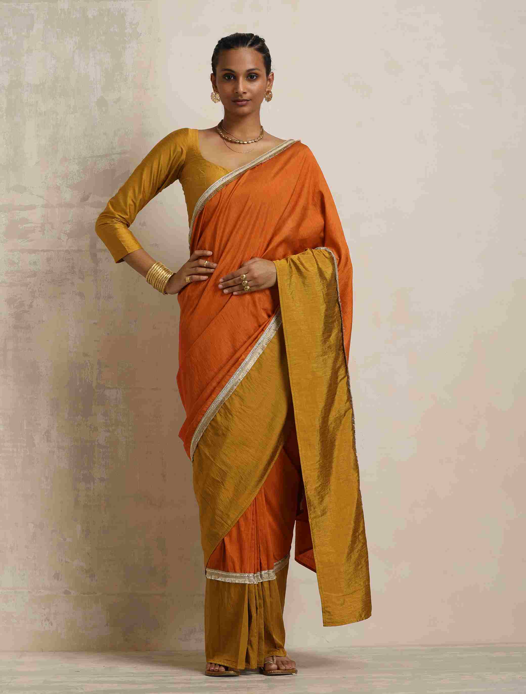 trueBrowns Orange Silk Ready To Wear Saree – Women's