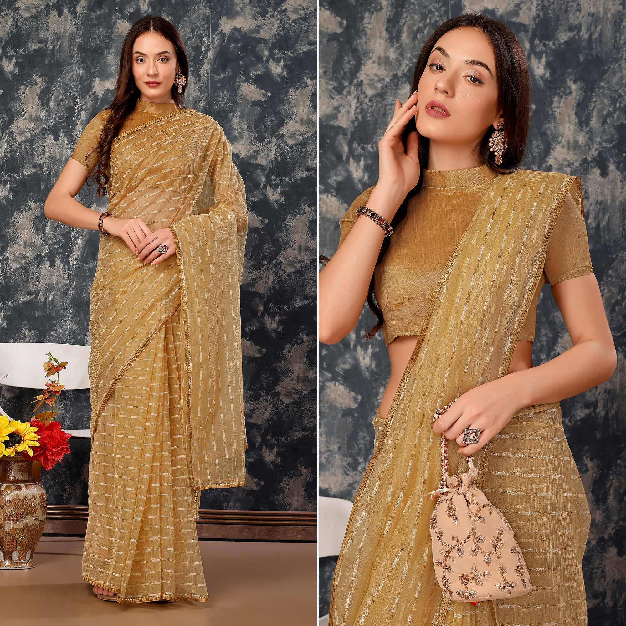 Peachmode Chikoo Zari Printed Cotton Silk Saree Lace Border