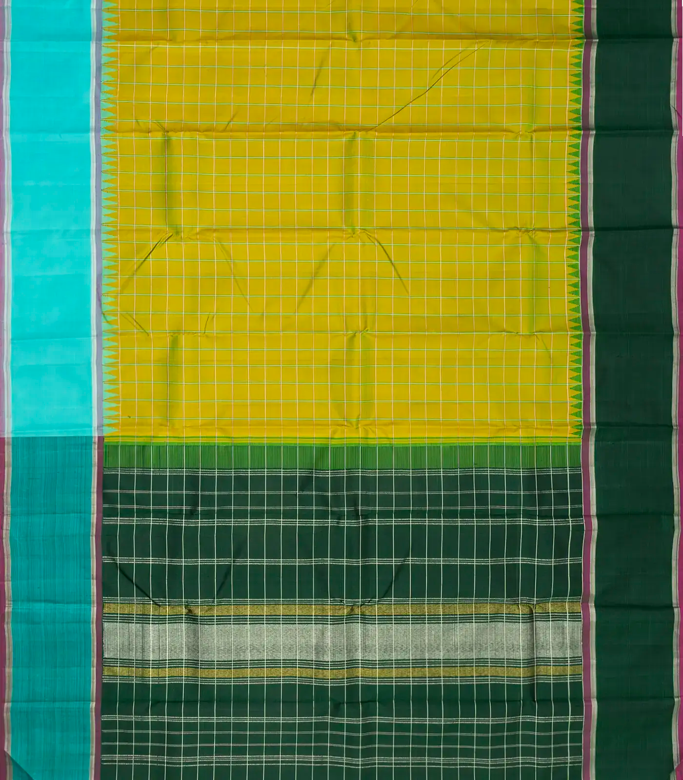 RmKV Olive Green Handloom Korvai Kanchipuram Silk Saree With Meena Checks - view 2