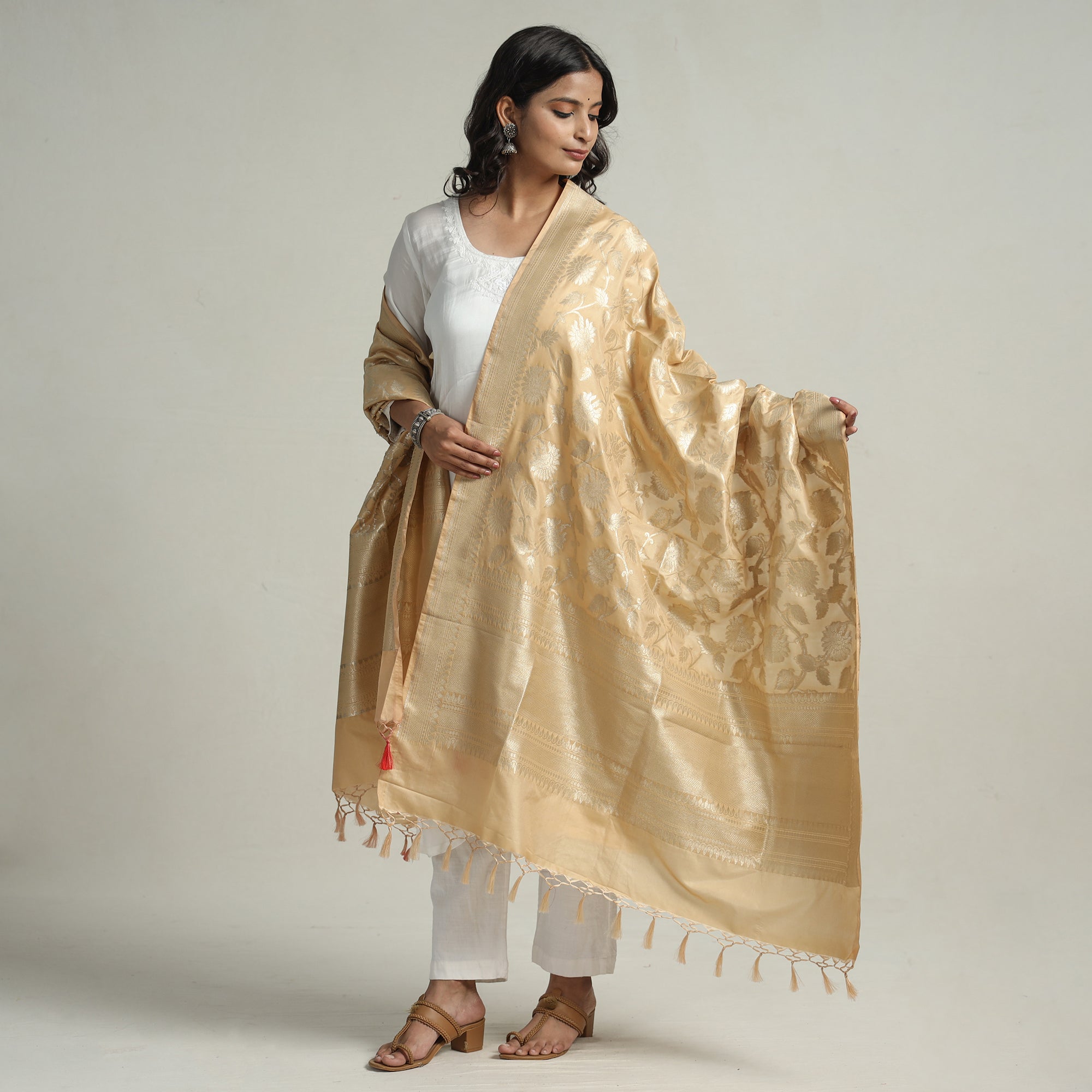 BANARASI BY MAQBUL HASAN Beige - Semi Silk Zari Jaal Banarasi Dupatta 51