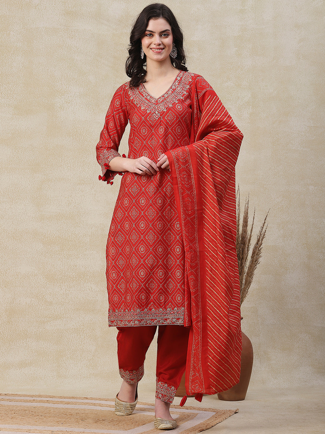 Fashor Ethnic Printed Zari, Sequins & Mirror Embroidered Kurta with Pants & Dupatta - Orange