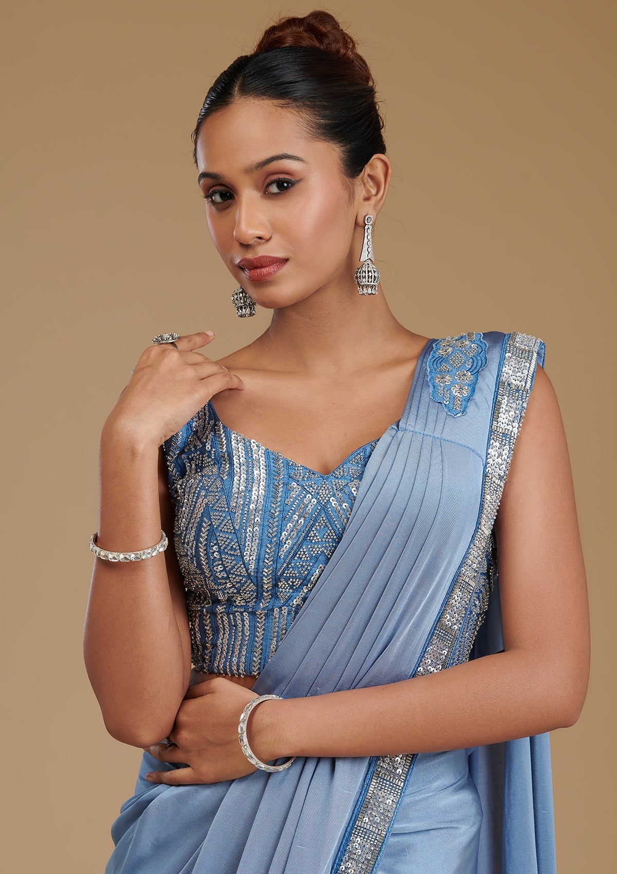 Koskii Grey Sequins Satin Readymade Saree – Women's - view 2