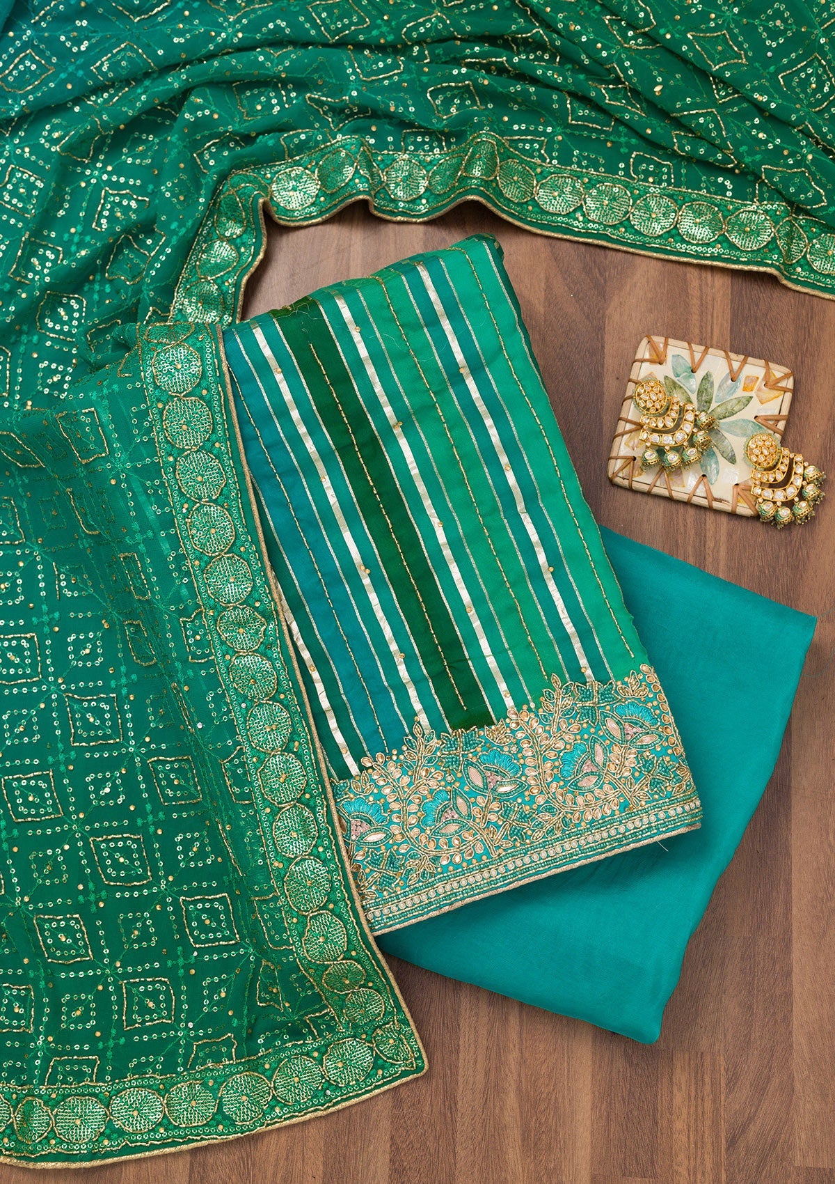 Koskii Green Zariwork Semi Crepe Unstitched Salwar Suit