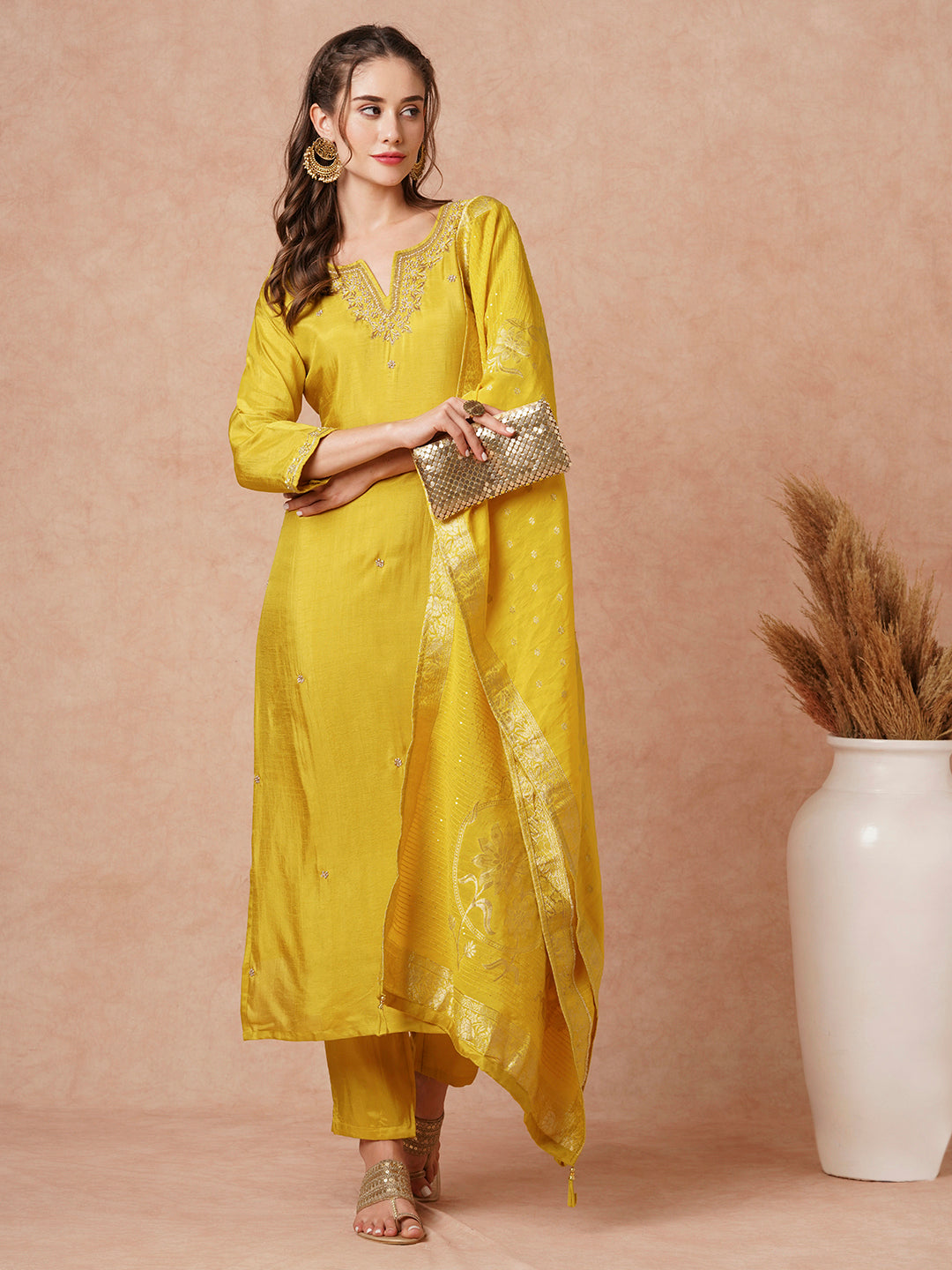 Fashor Solid Hand Embroidered Kurta with Pant & Woven Jacquard Dupatta - Mustard
