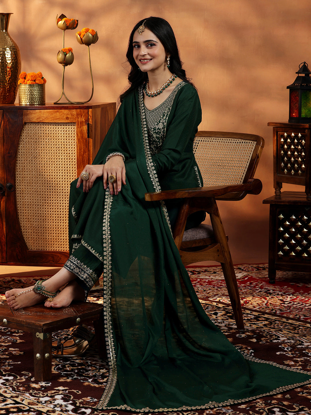 Libas Green Yoke Design Silk Blend Straight Suit With Dupatta