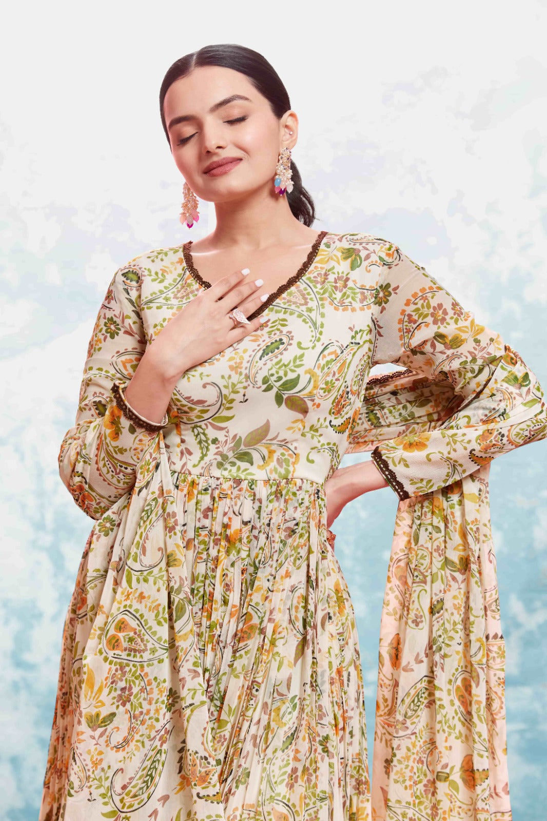 ClothsVilla Beige Georgette Printed Suit Set | Fully Stitched & Ready to Wear - view 6
