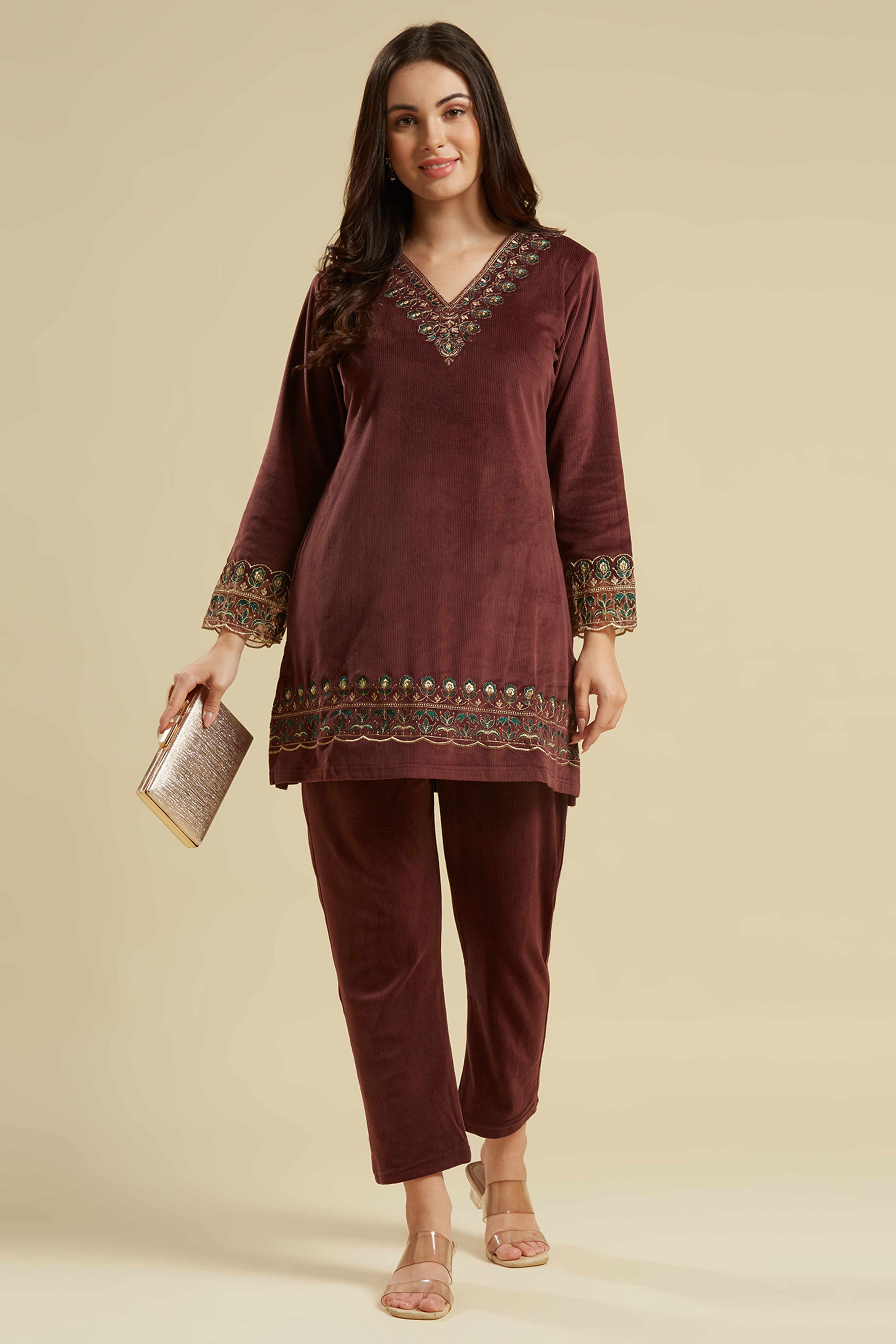 Peachmode Brown Embroidered Velvet A-Line Top Bottom Set