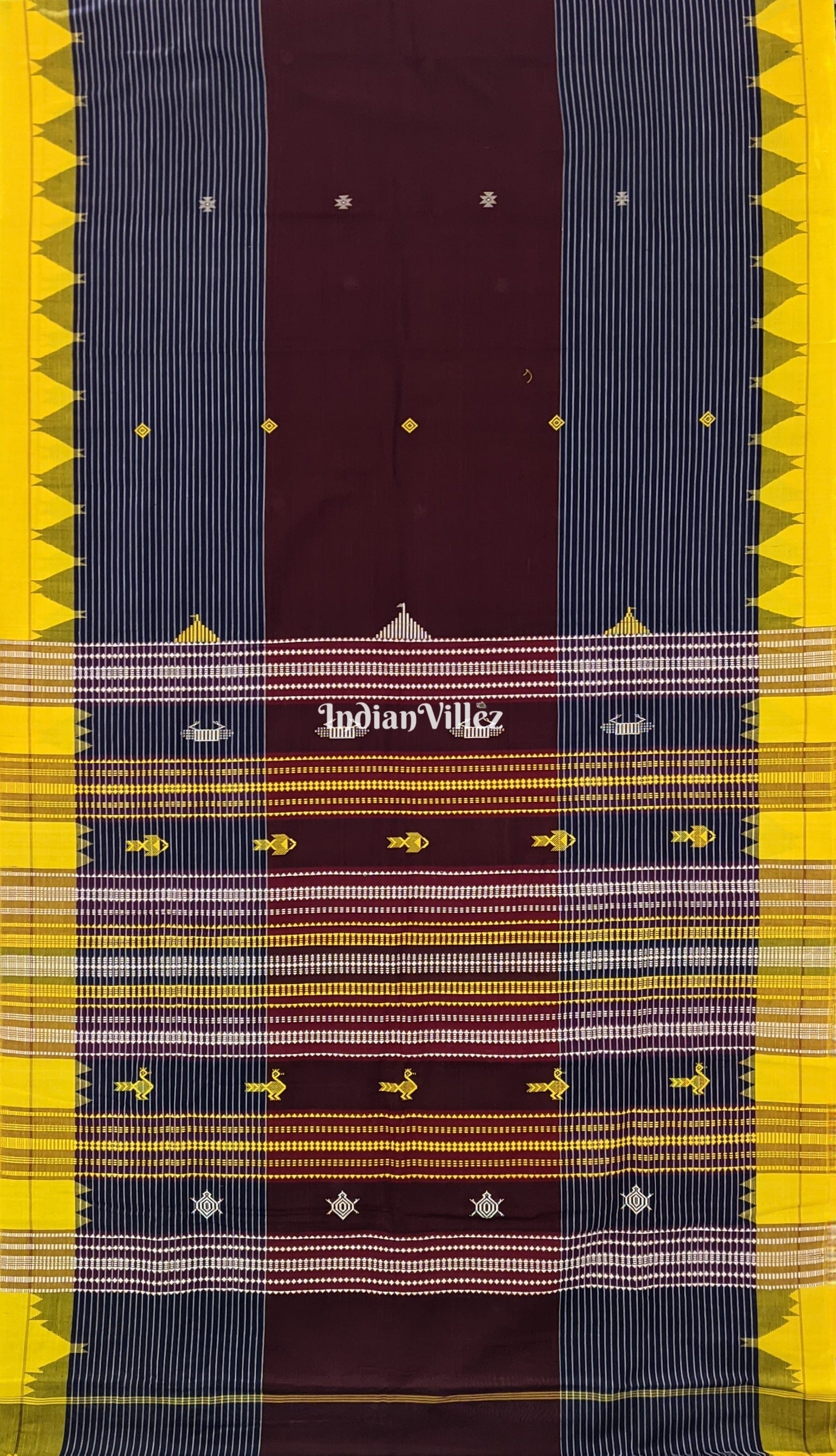 IndianVillèz Yellow Maroon Odisha Handloom Natural Dye Kotpad Cotton Saree