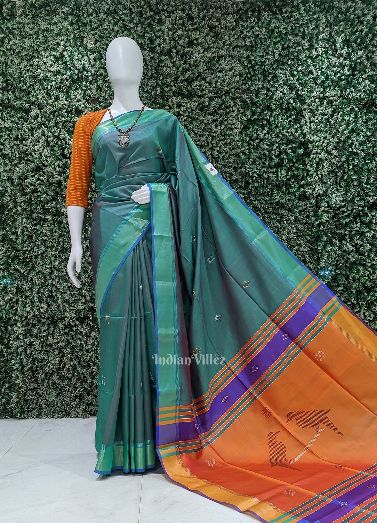 IndianVillèz Light Blue Orange Pure Bishnupuri Silk Saree