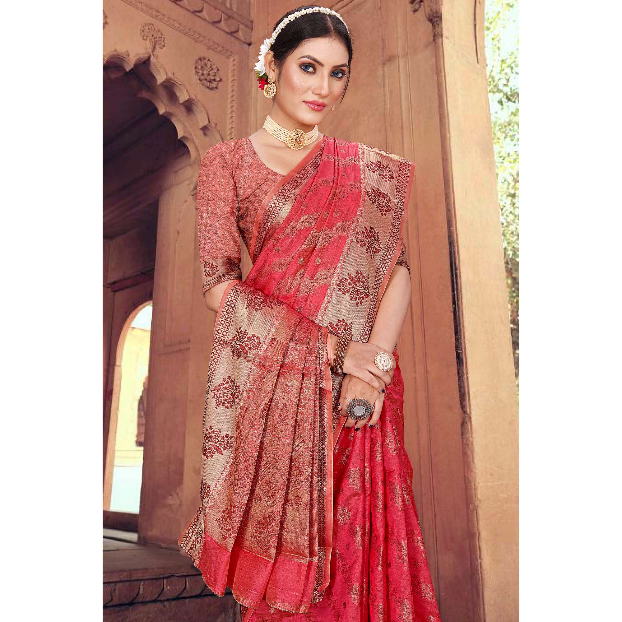 Peachmode Gajari Pink Floral Woven Organza Saree - view 4
