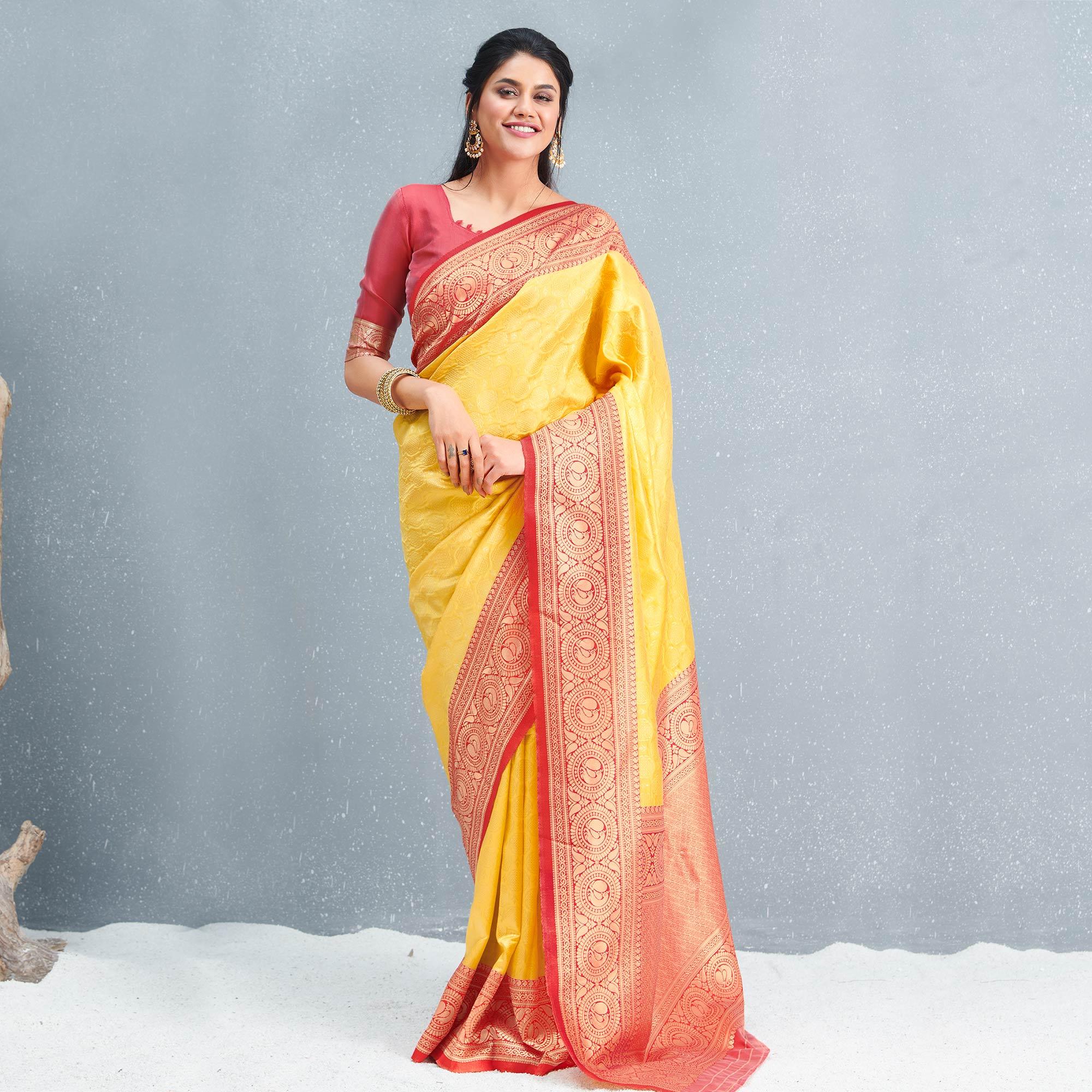 Peachmode Flaunt Yellow Colored Festive Wear Woven Silk Saree