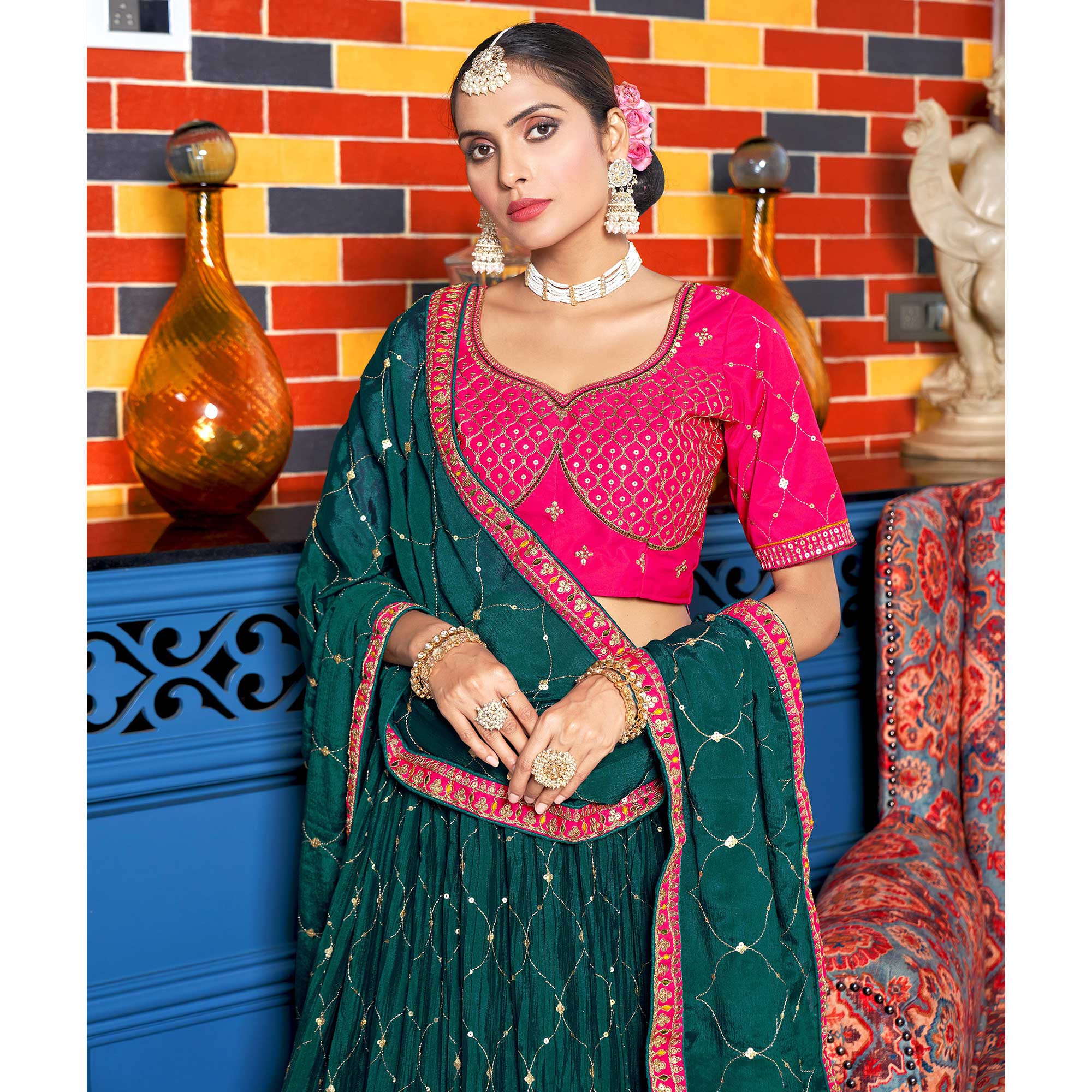 Peachmode Deep Sea Green Sequins Embroidered Chiffon Lehenga Choli - view 6