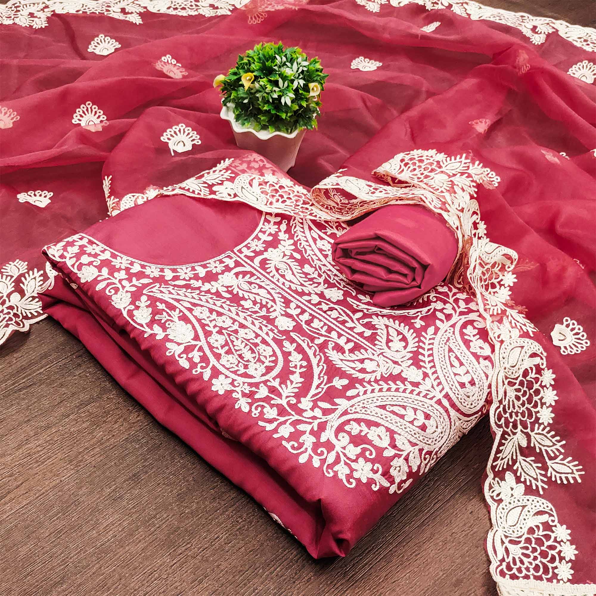Peachmode Gajri Pink Floral Embroidered Viscose Dress Material