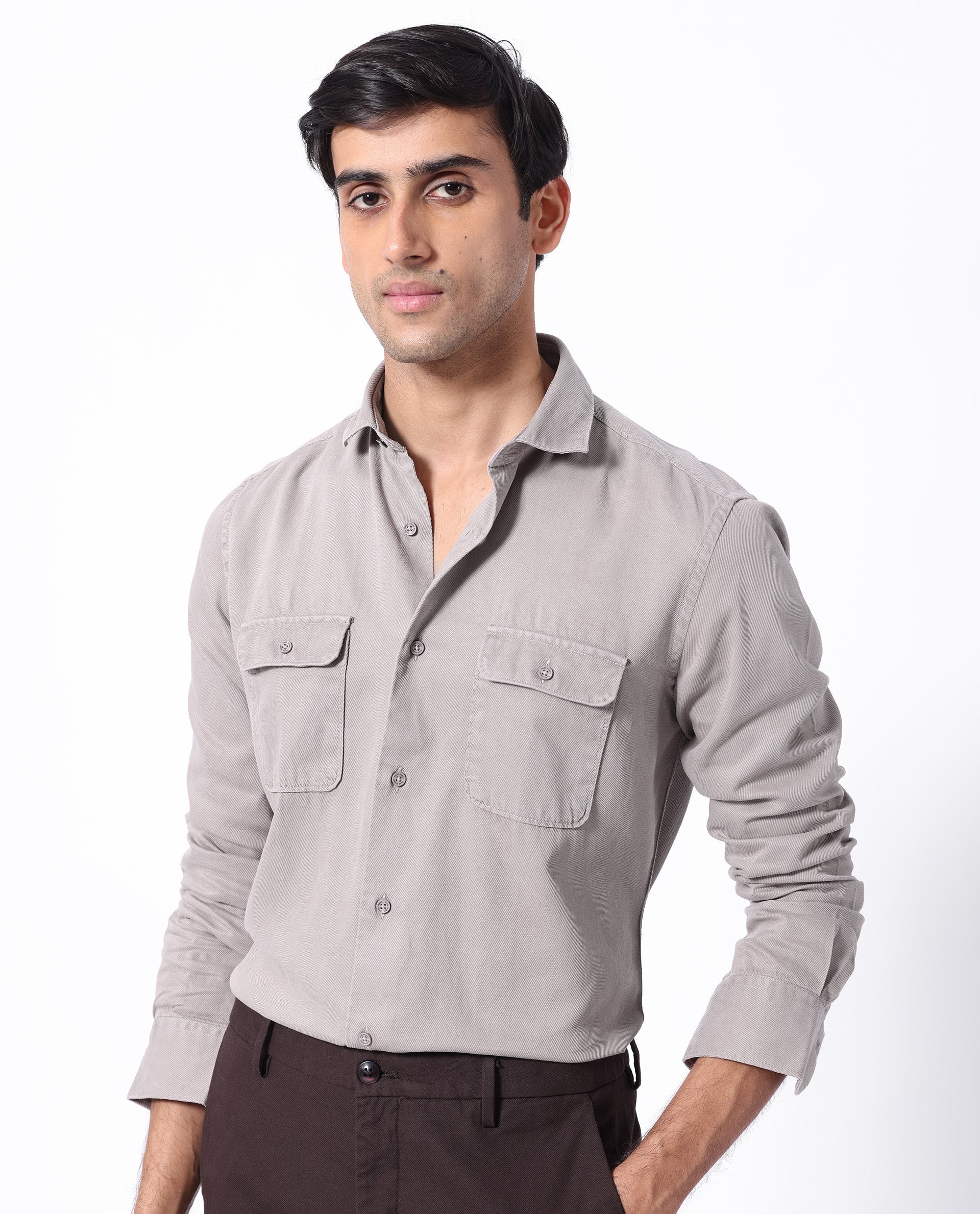 Rare Rabbit Men's Lyton Light Khaki Cotton Fabric Full Sleeves Solid Twill Shirt - view 8