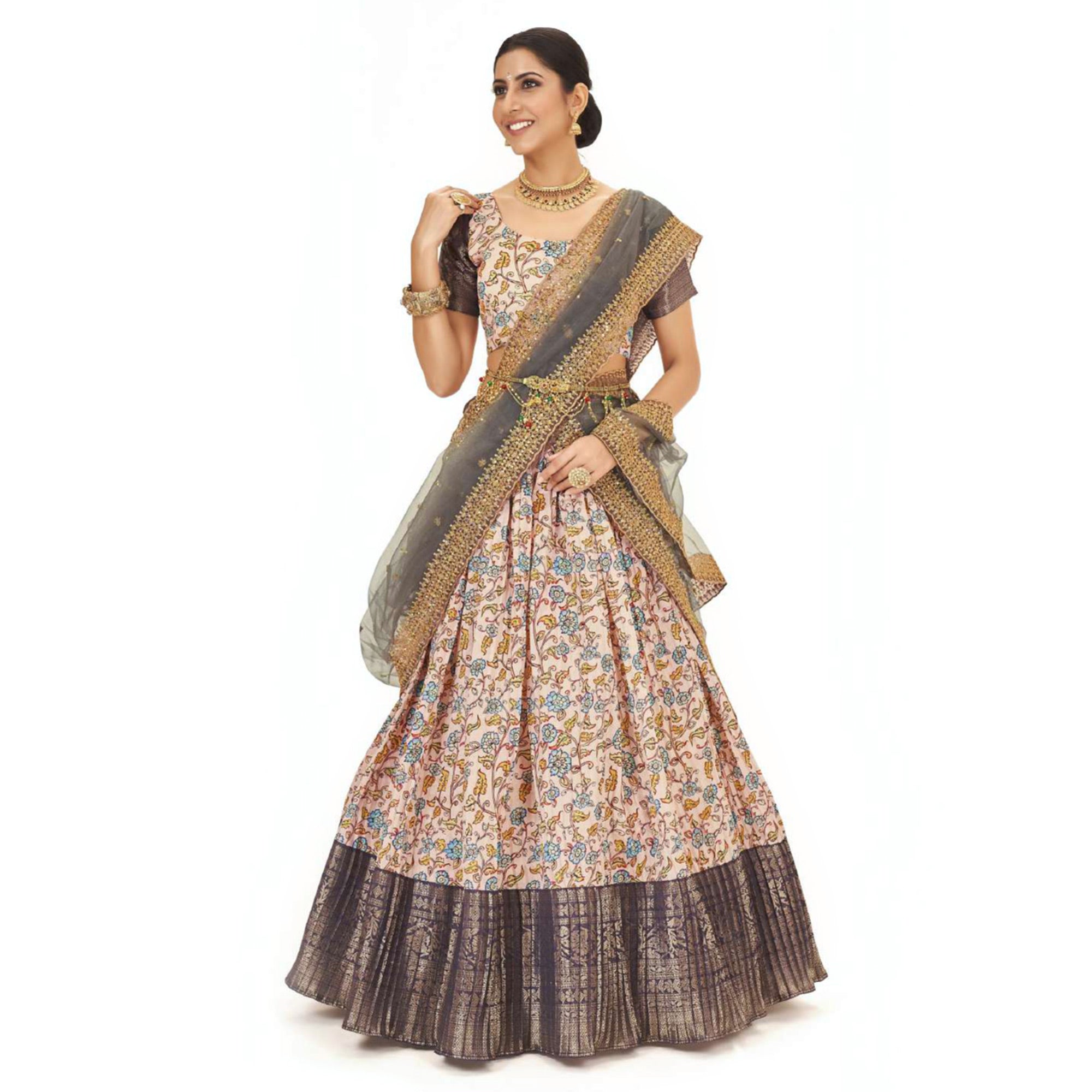 Peachmode Light Peach Digital Printed With Zari Work Art Silk Lehenga Choli
