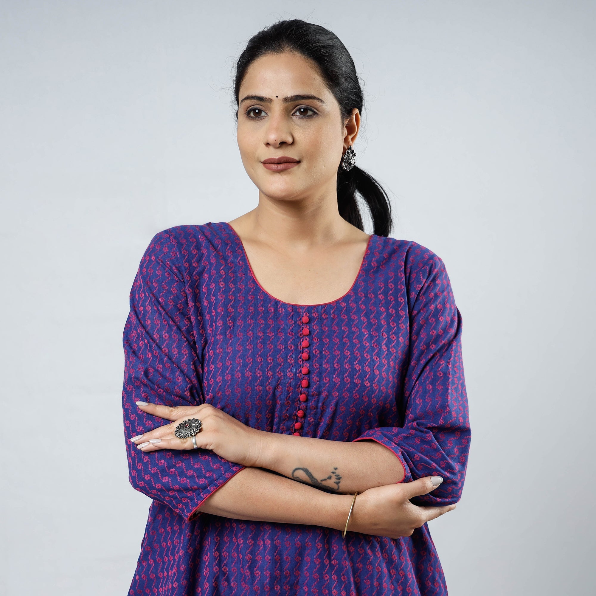 ITOKRI CASUALS Blue & Pink Jacquard Cotton Long Kurta