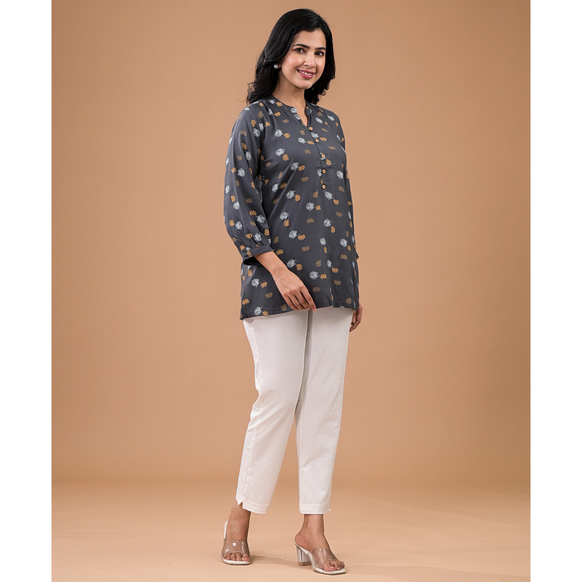 Peachmode Grey Printed Rayon Top - view 6